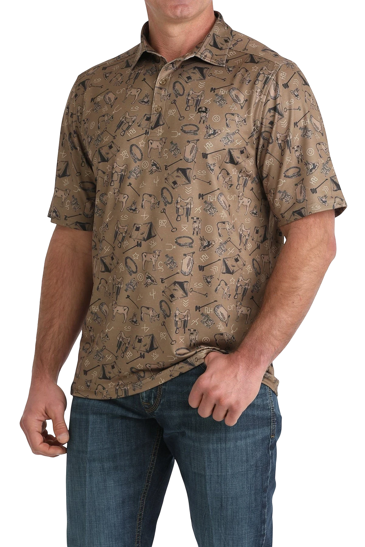 Go West Supply men's brown ArenaFlex polo with all-over western print including cattle, saddles, and tents.