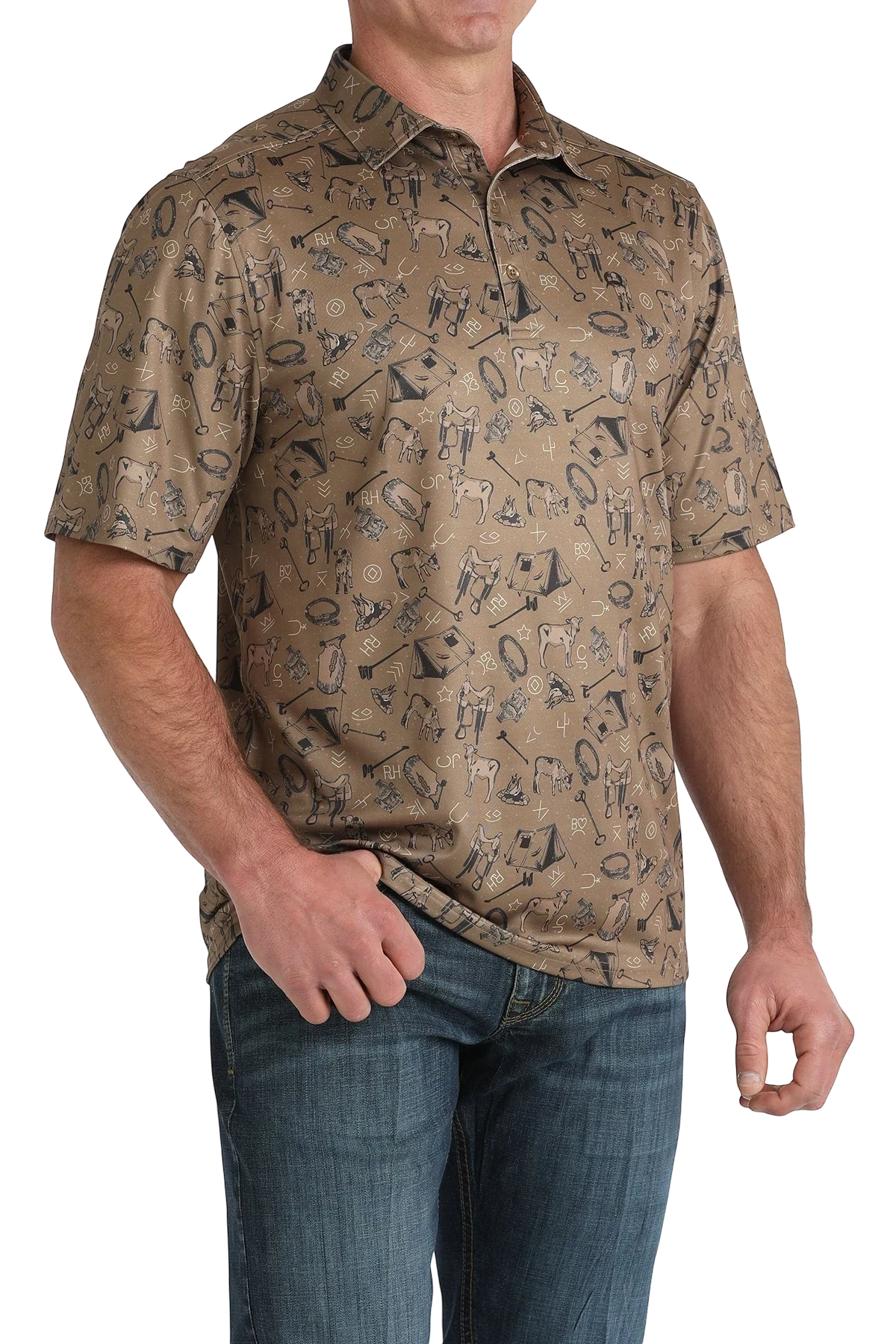 Go West Supply men's brown short sleeve polo with all-over western print including cattle, saddles, and tents. ArenaFlex fabric.