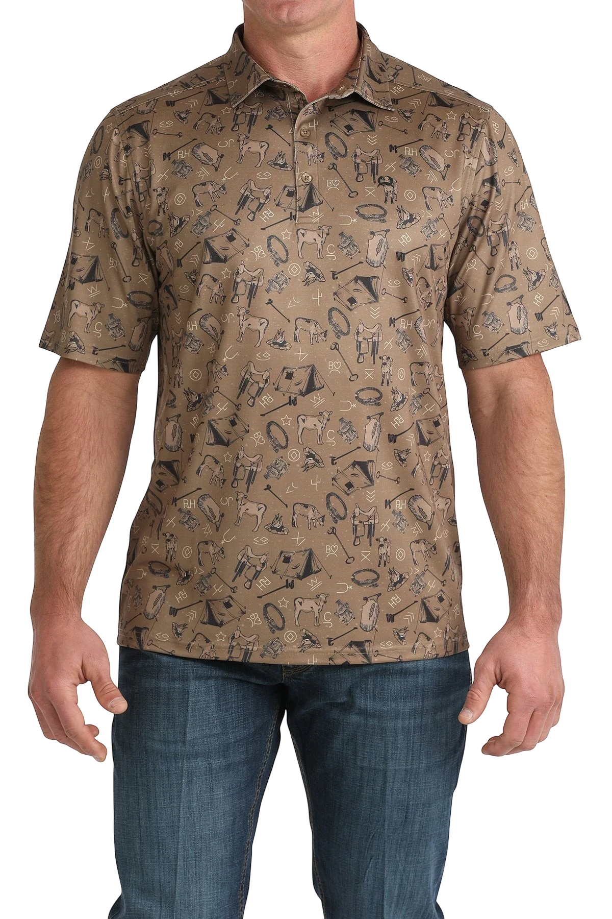Go West Supply brown ArenaFlex polo with all-over cowboy print, short sleeves, and classic collar.
