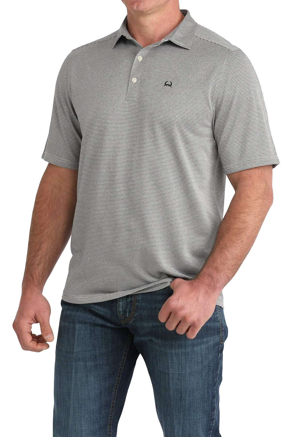 Go West Supply Men's short sleeve grey polo with geometric pattern and CINCH logo. Performance fabric.