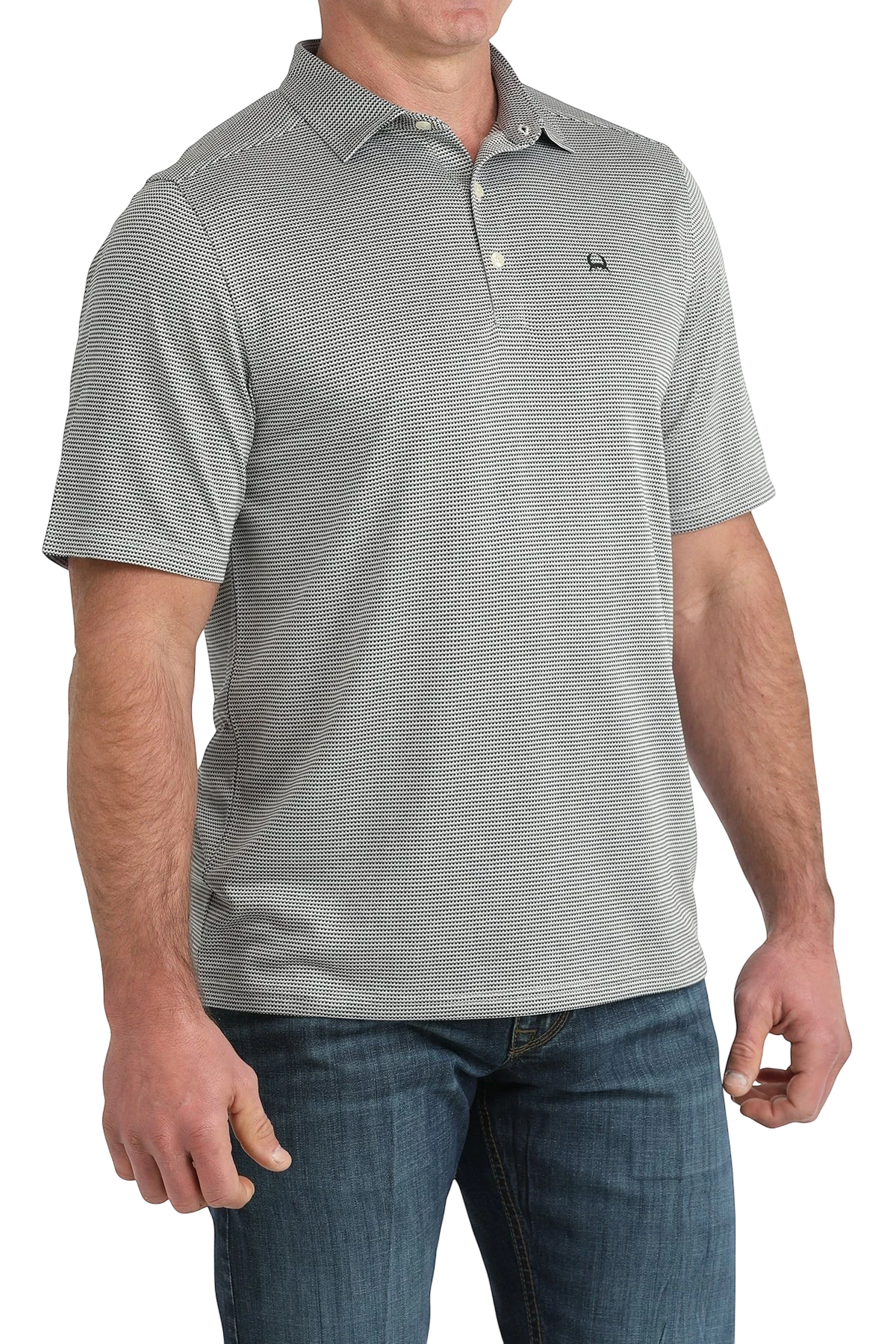 Go West Supply Men's short sleeve polo shirt in grey with a subtle geometric pattern and embroidered logo.