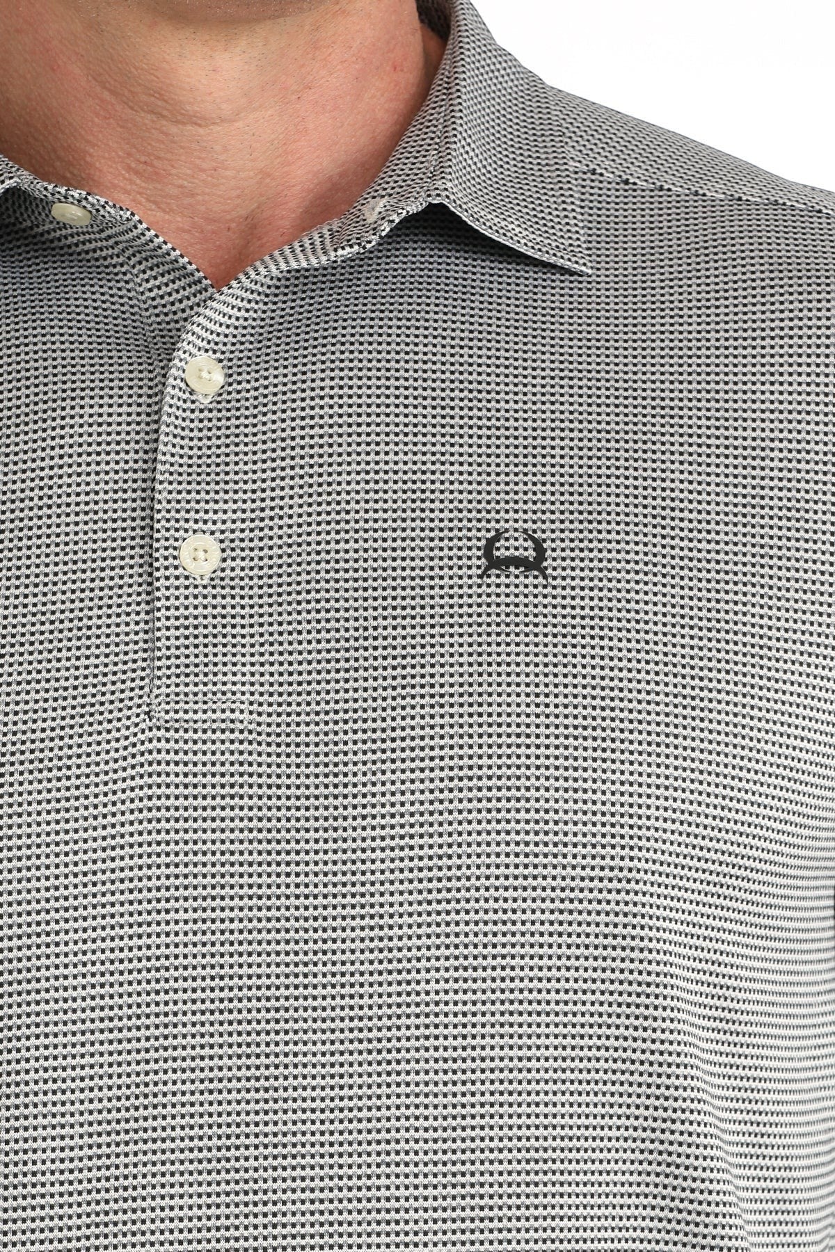 Go West Supply Men's short sleeve polo shirt in grey with a subtle geometric pattern and CINCH logo.