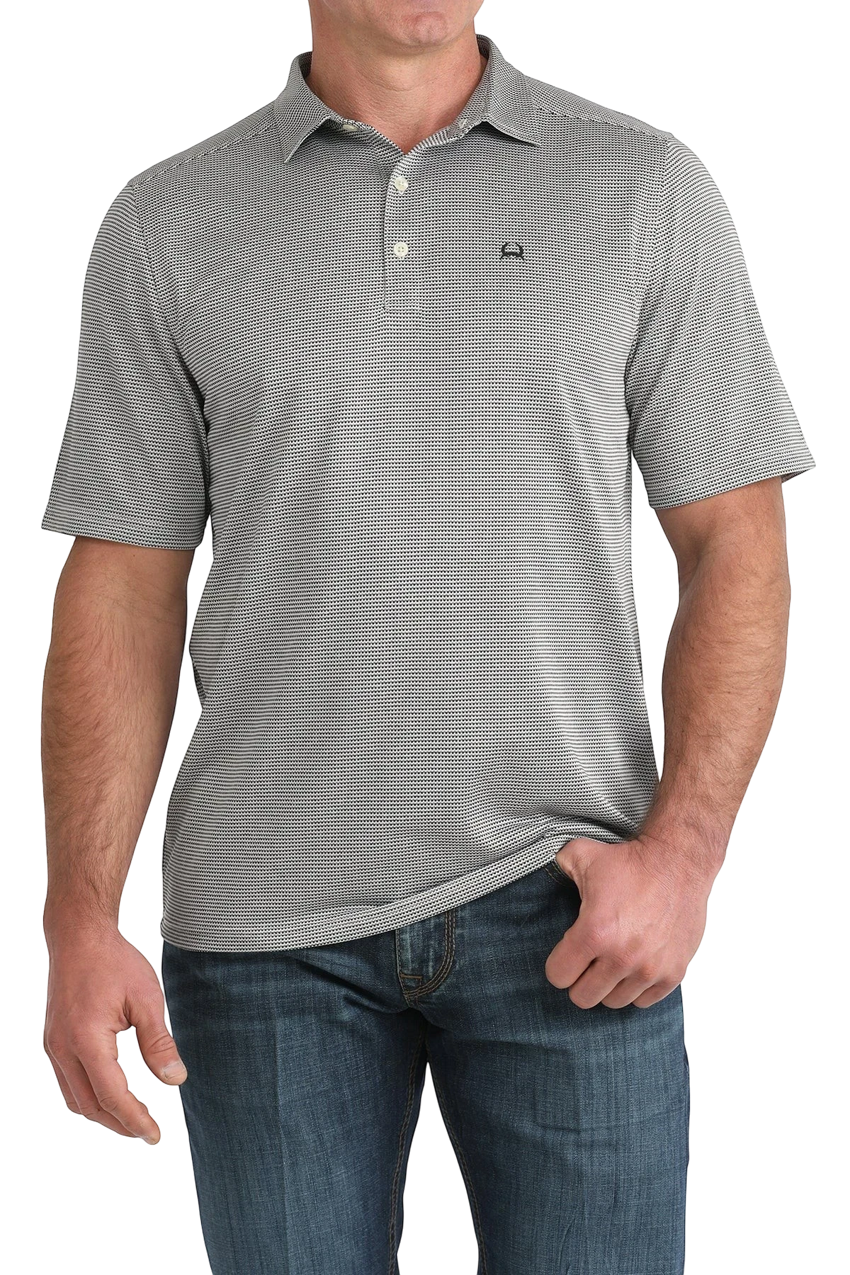 Go West Supply Men's short sleeve grey geometric print polo shirt with a classic collar and CINCH logo.