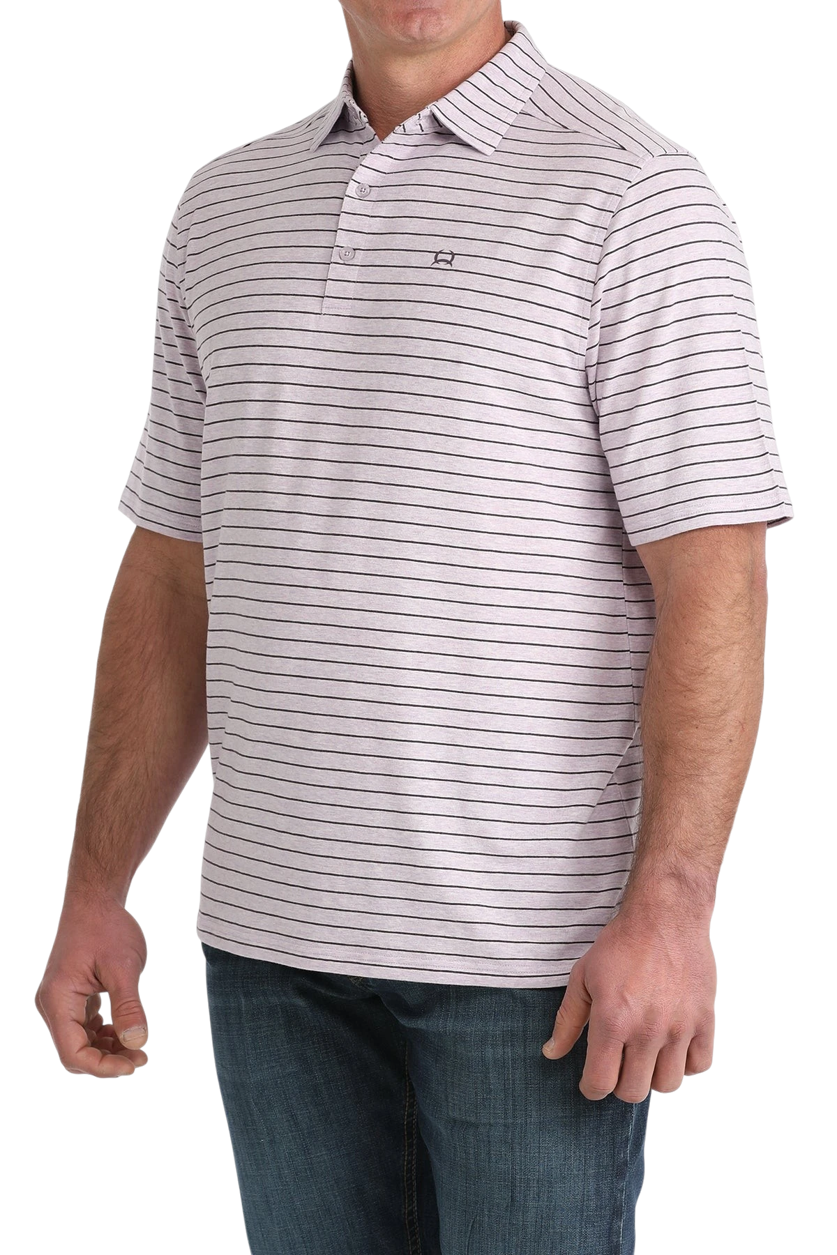Go West Supply men's light pink and navy striped short sleeve ArenaFlex polo shirt with collar and button placket.