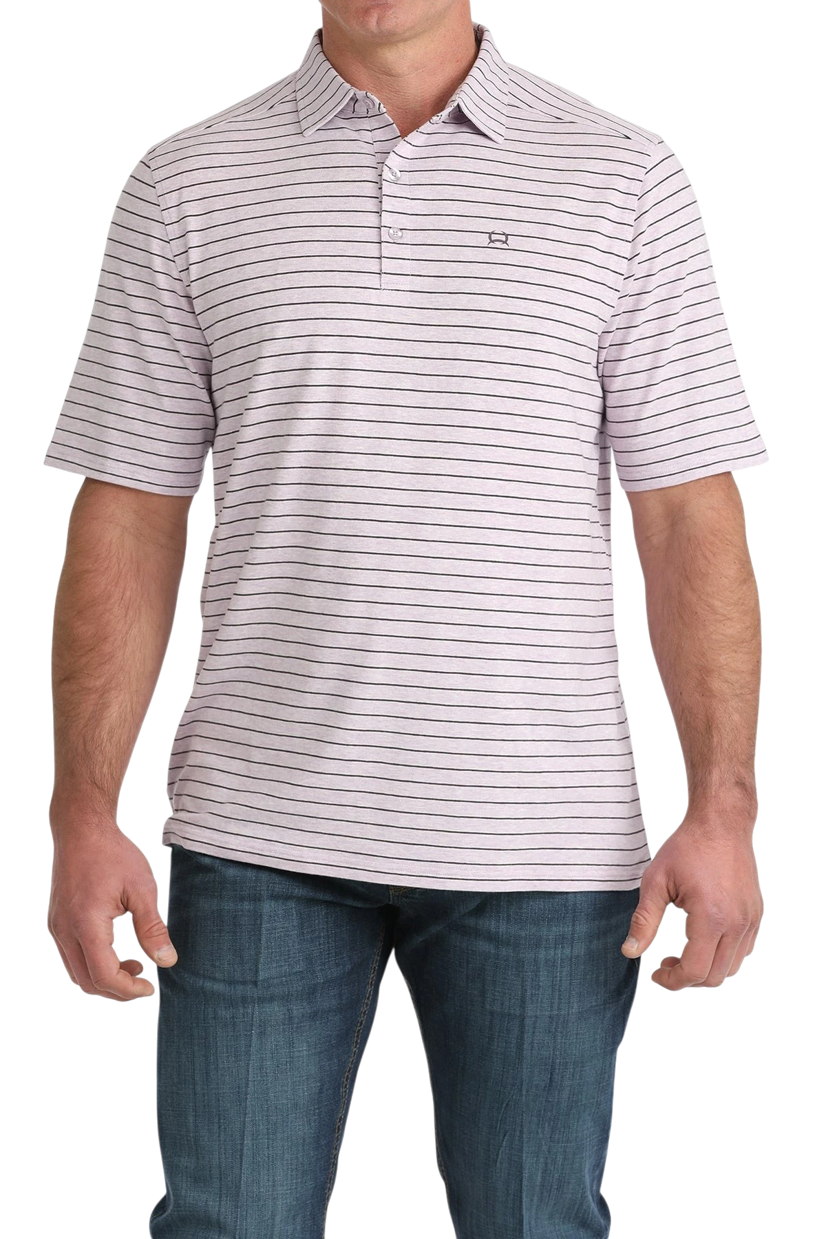 Go West Supply men's light pink short sleeve polo with navy stripes and a small embroidered logo.