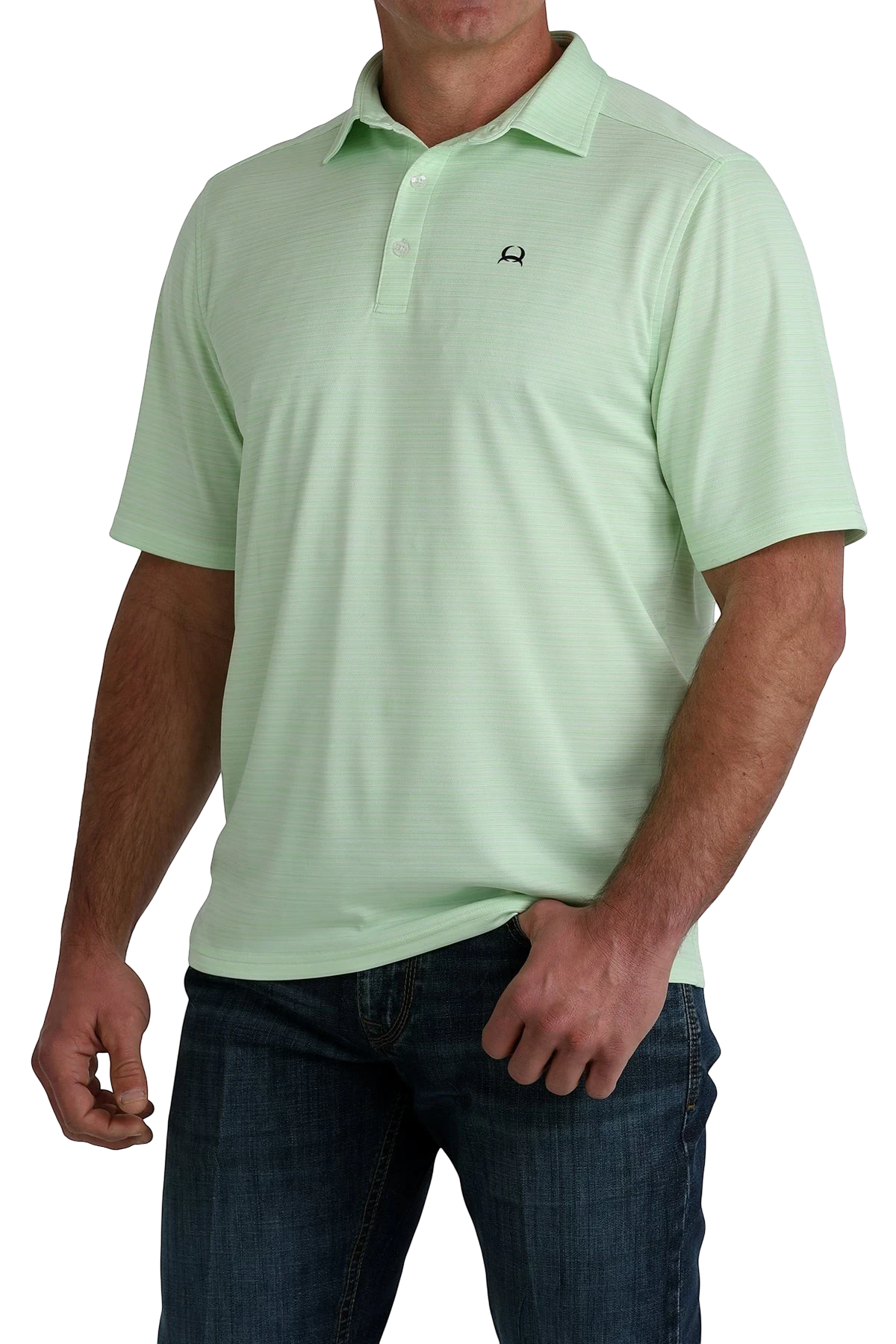 Go West Supply Men's green short sleeve polo shirt with subtle stripes and CINCH logo. Lightweight, breathable fabric.