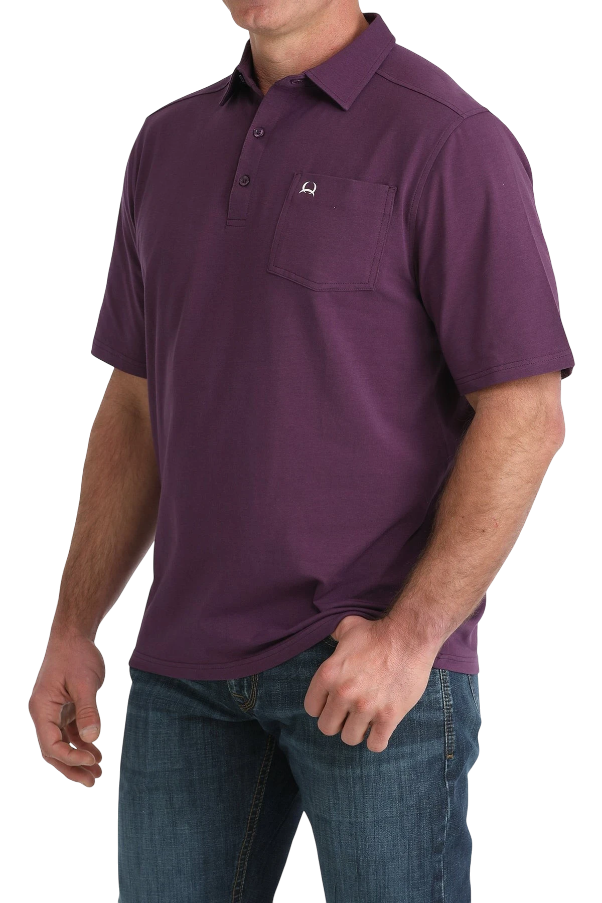 Go West Supply Men's short sleeve purple polo shirt with pocket and embroidered logo. Made from breathable ArenaFlex fabric.
