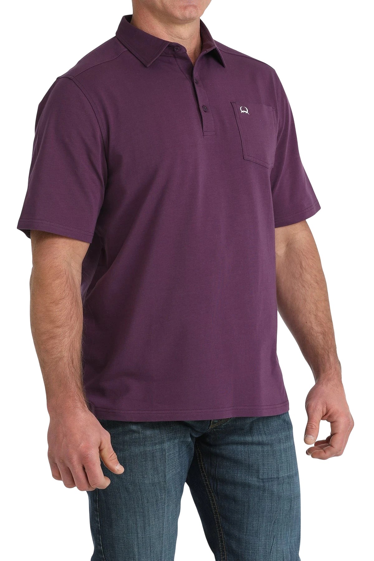 Go West Supply Men's short sleeve purple polo shirt with pocket and logo detail. Made from breathable ArenaFlex fabric.