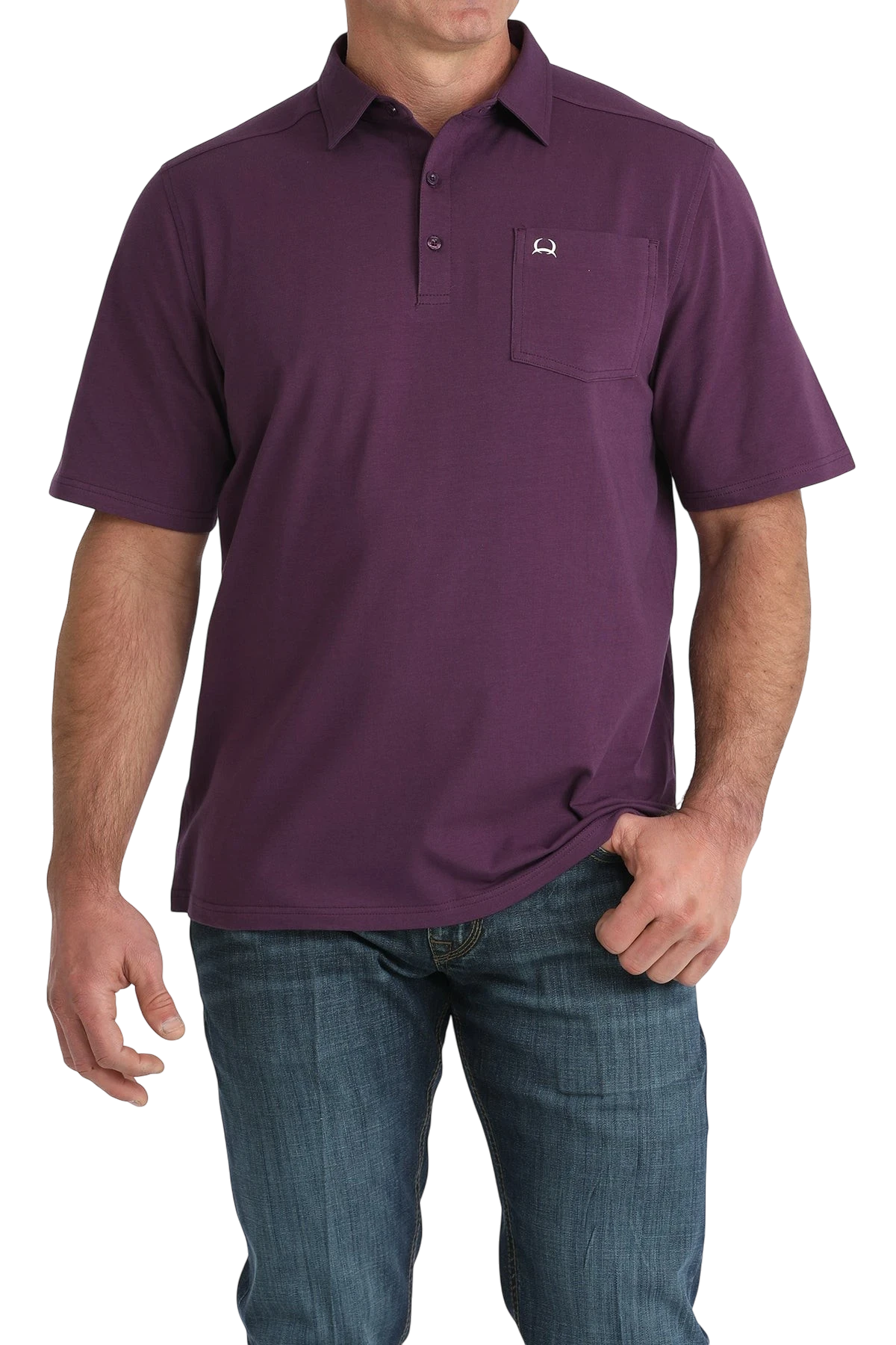 Go West Supply Men's short sleeve purple ArenaFlex polo shirt with chest pocket and button placket.