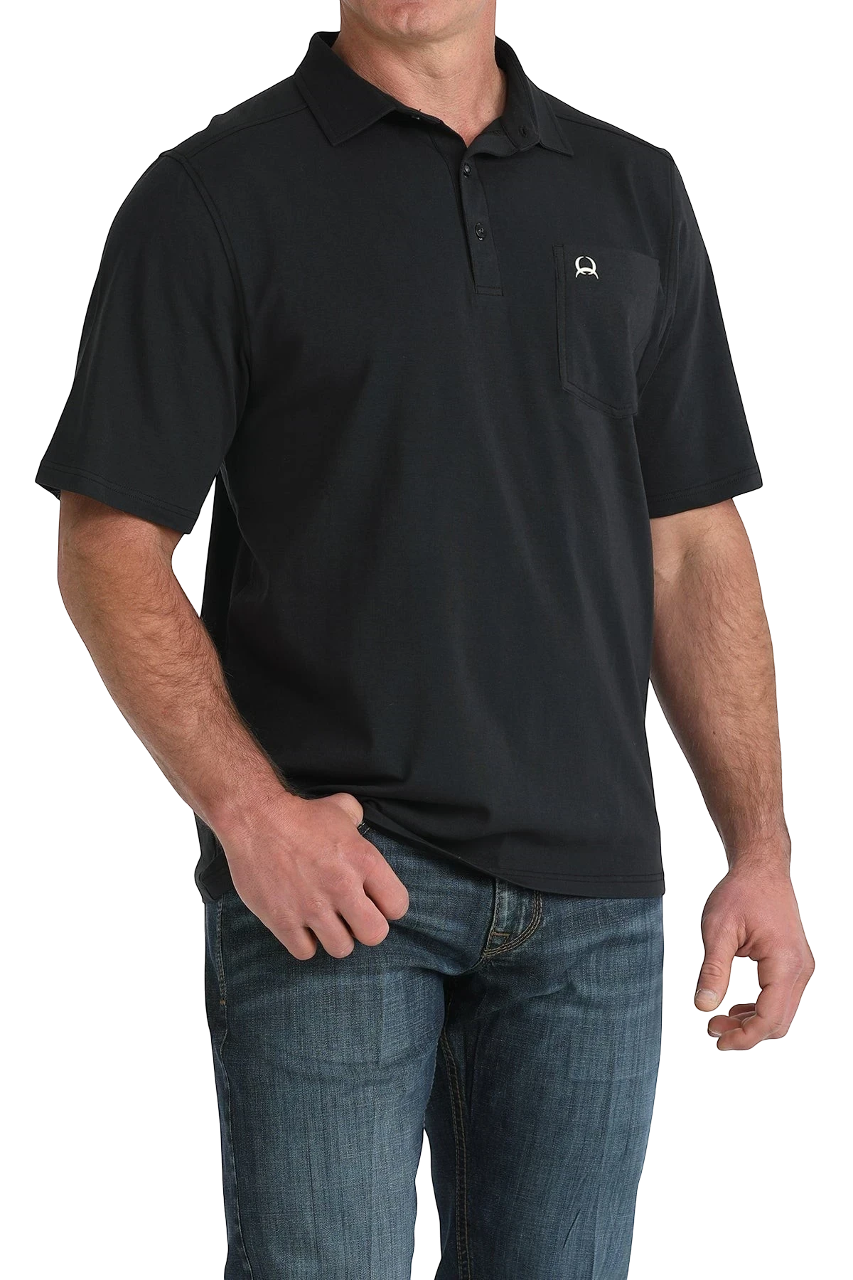 Go West Supply black short sleeve polo shirt with chest pocket and embroidered logo. Performance fabric.