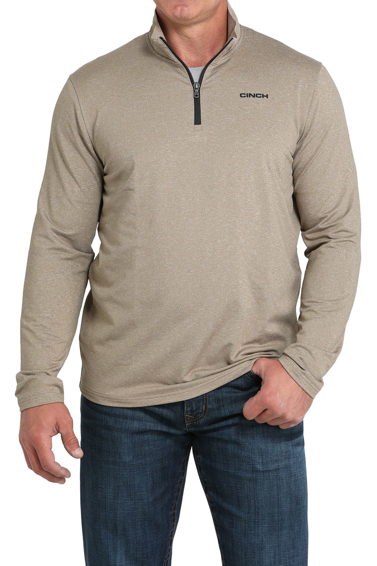 Man wearing a beige quarter-zip sweater and jeans on a transparent background