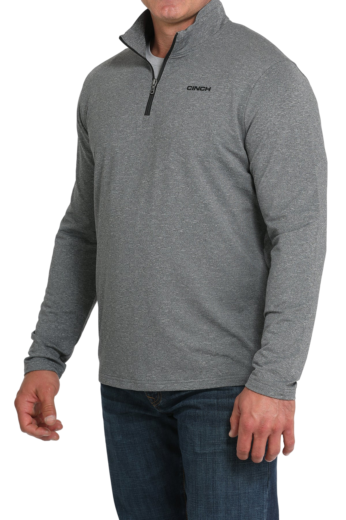 Man wearing a gray quarter-zip sweater and jeans on a transparent background