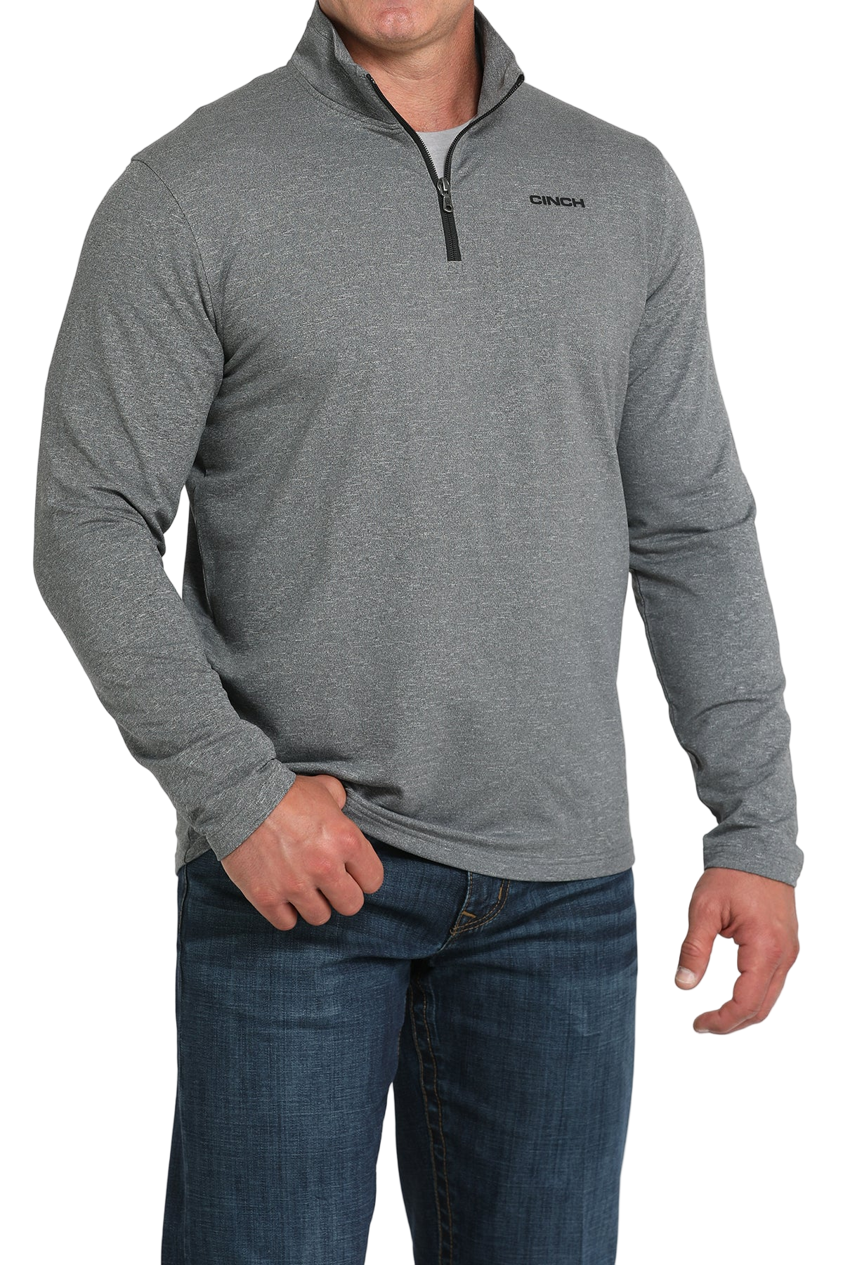 Man wearing a gray quarter-zip sweater and jeans on a transparent background