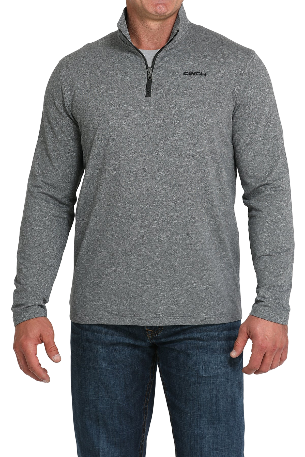 Man wearing a gray quarter-zip sweater and jeans on a transparent background