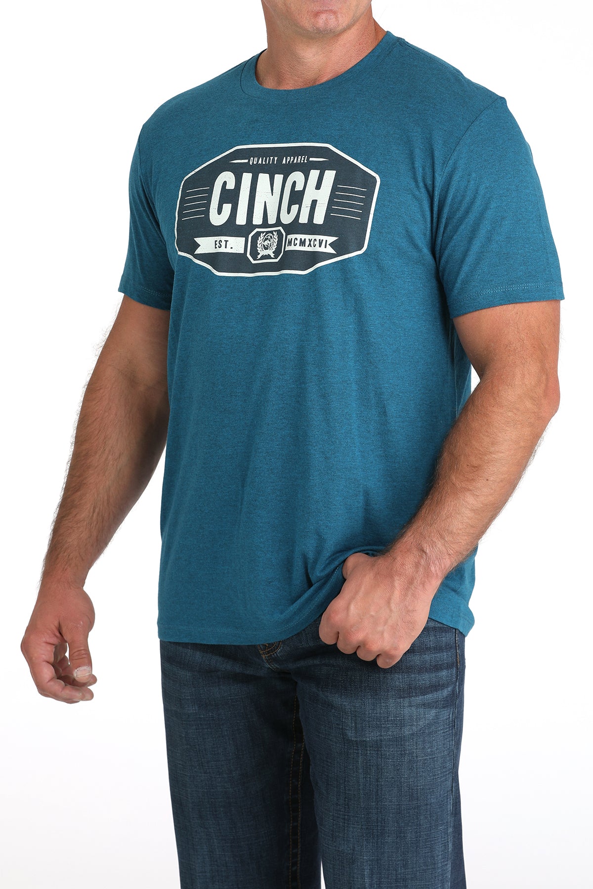 Man wearing a blue t-shirt with 'Cinch' logo on a white background