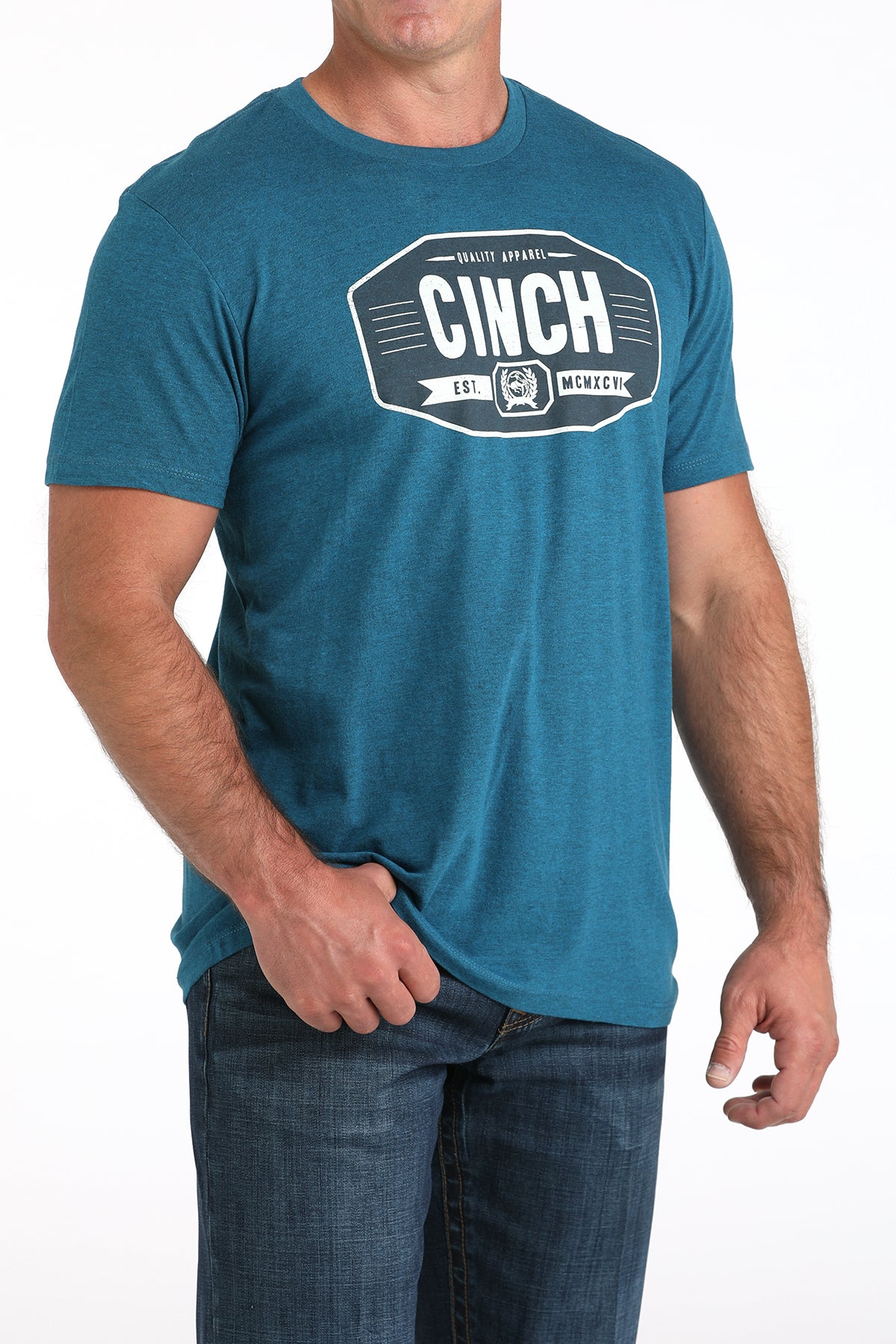 Man wearing a blue t-shirt with 'Cinch' logo on a white background