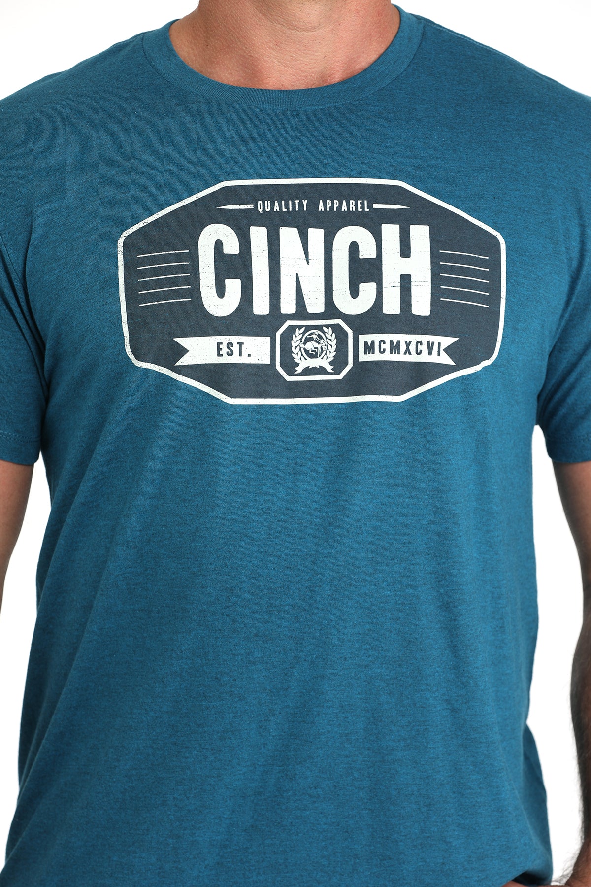 Blue t-shirt with 'Cinch' logo on a white background