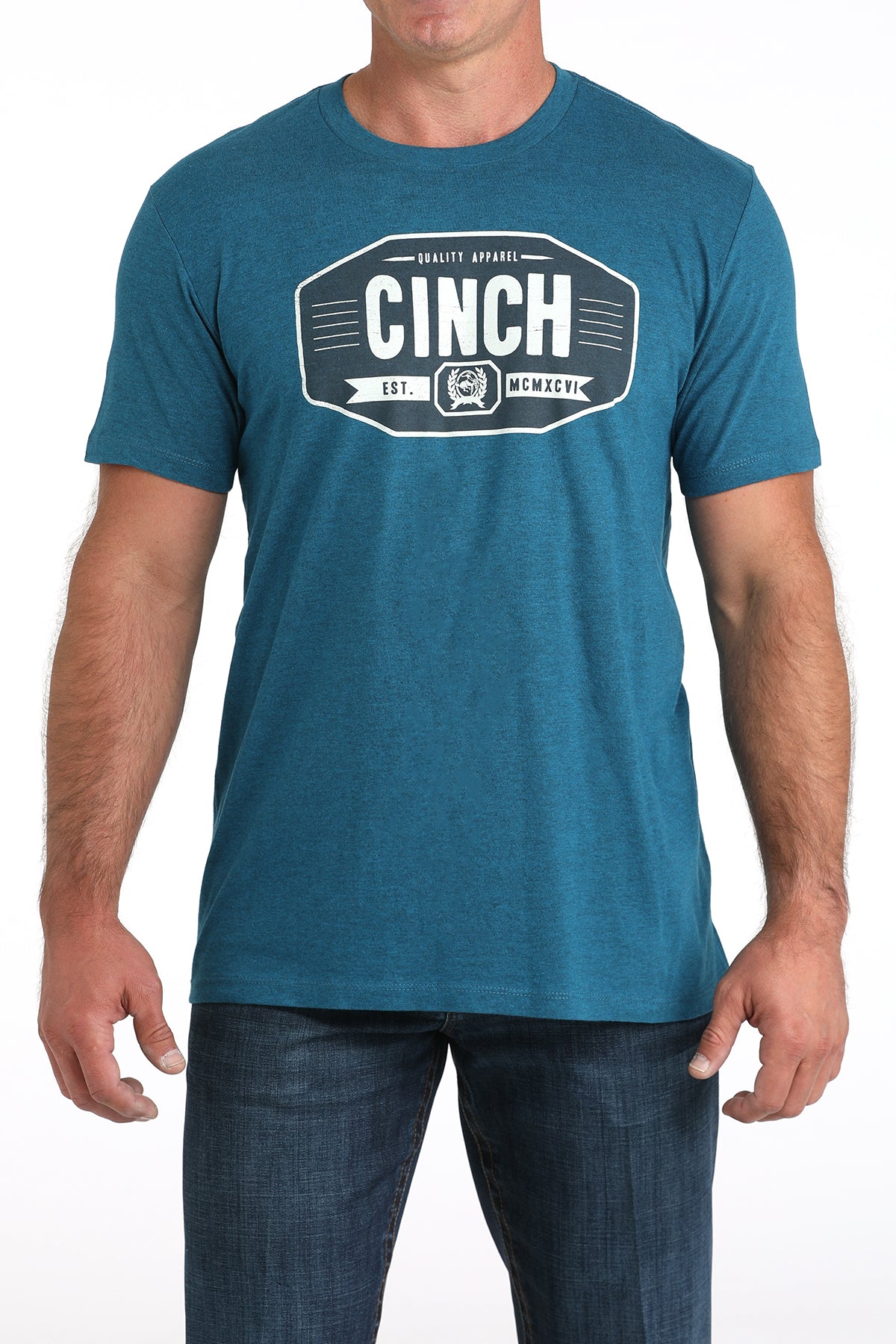Man wearing a blue t-shirt with 'Cinch' logo on a white background