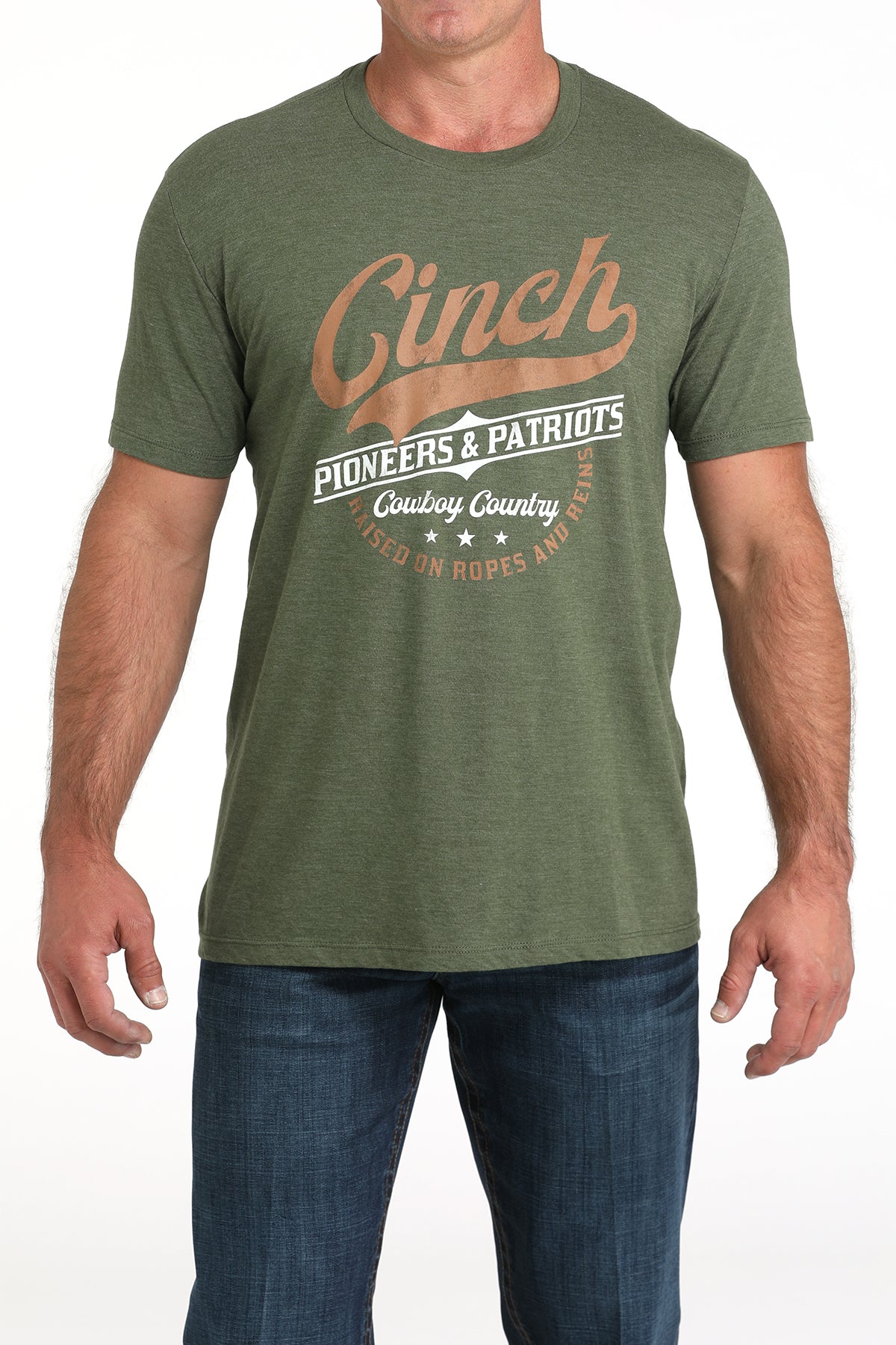 Man wearing a green t-shirt with 'Cinch' branding on a white background