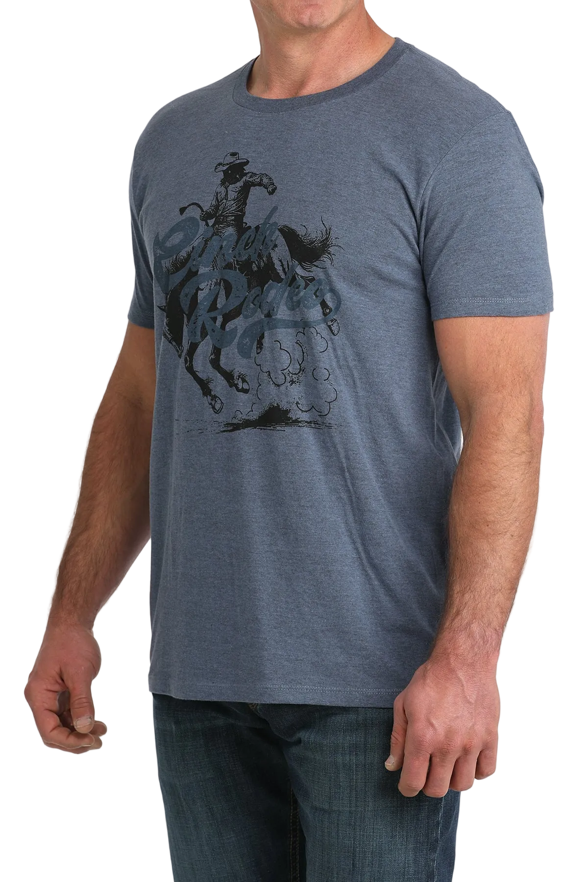 Man wearing a blue t-shirt with a graphic design on a white background