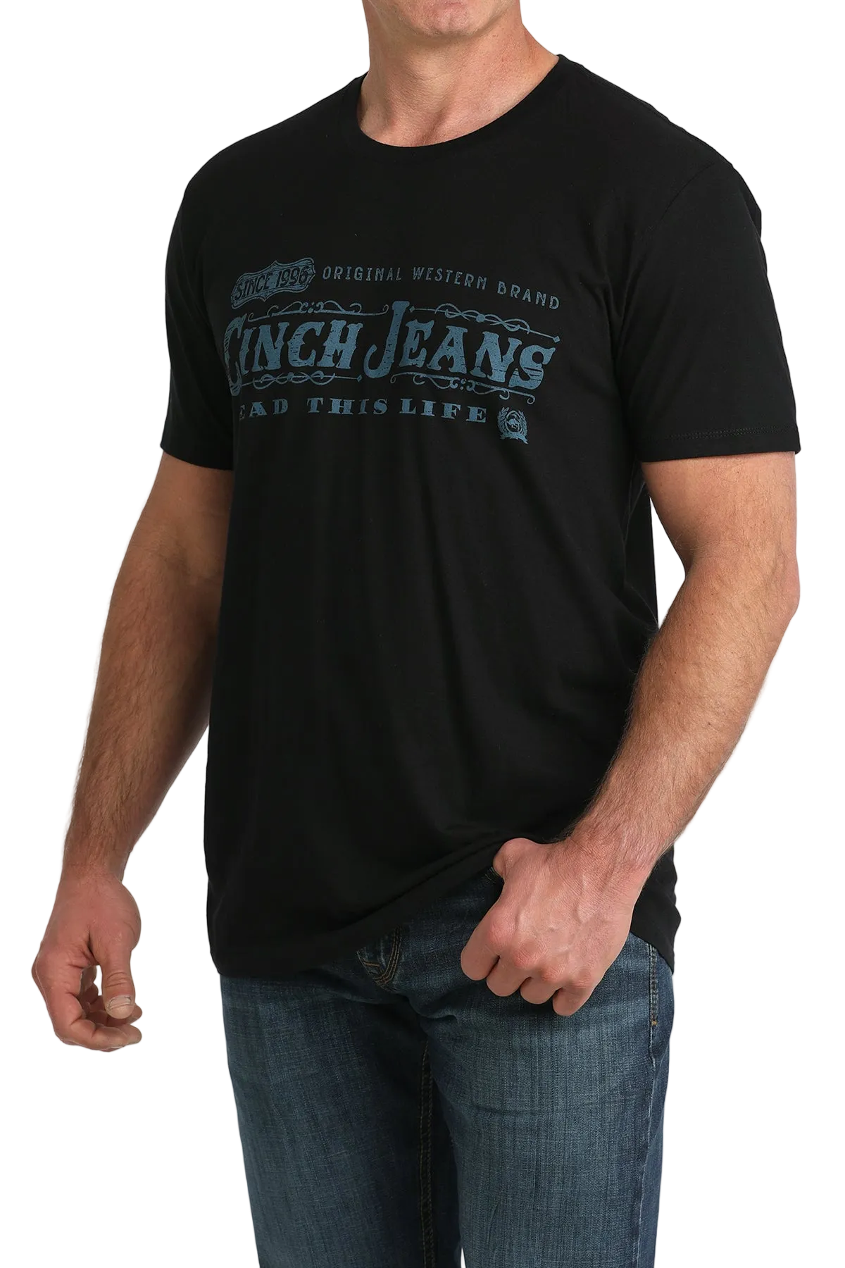 Person wearing a black t-shirt with 'Finch Jeans' text, standing against a white background