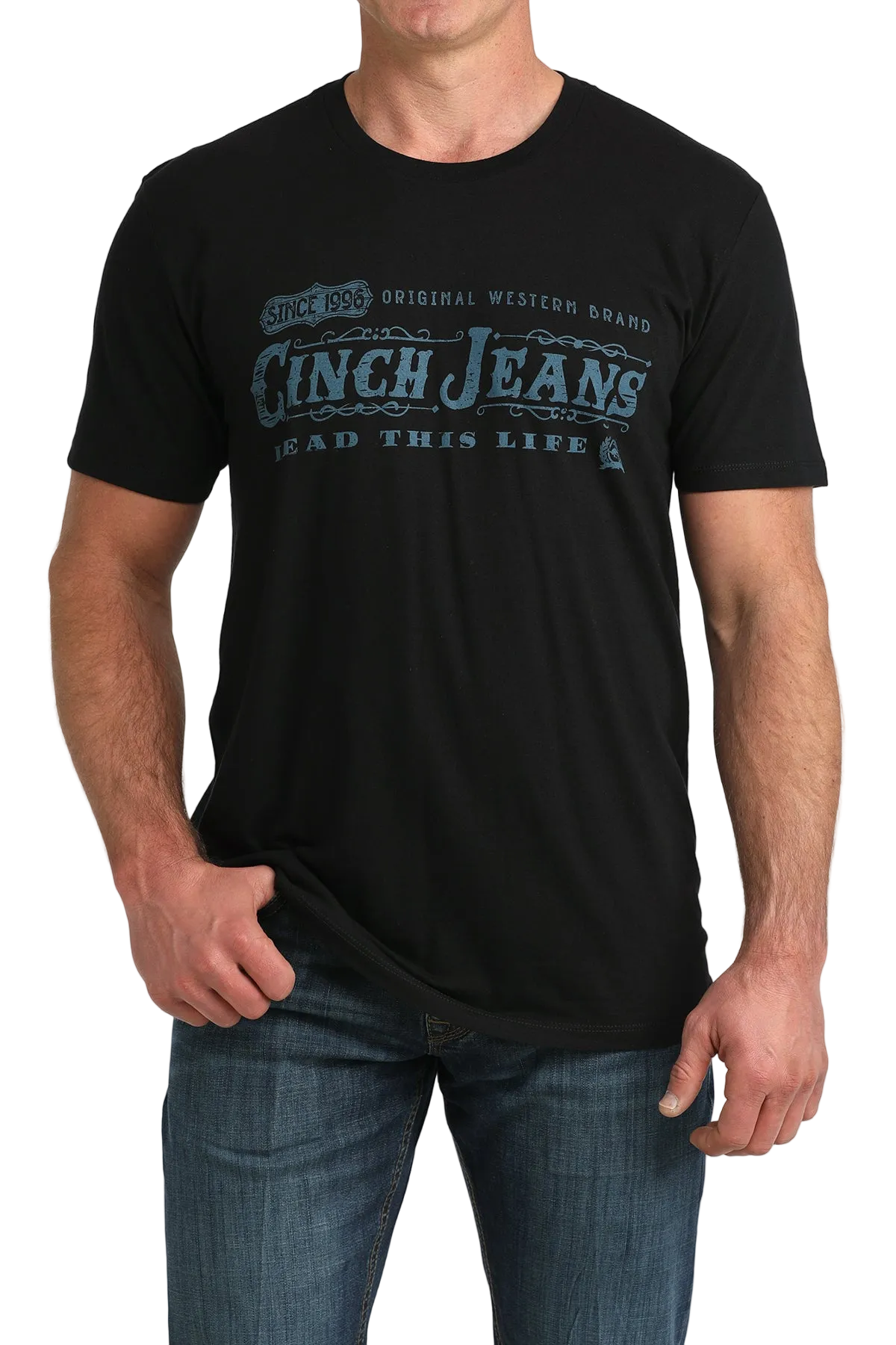 Person wearing a black t-shirt with 'Clinch Jeans' text, standing against a white background