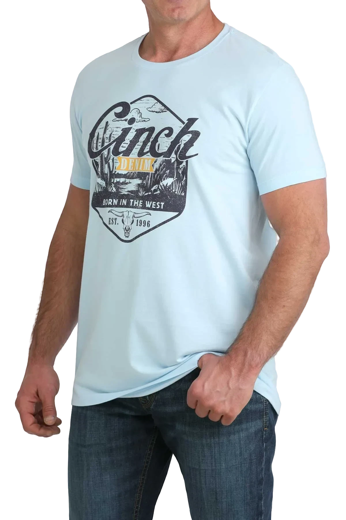 Light blue t-shirt with graphic design worn by a person on a white background