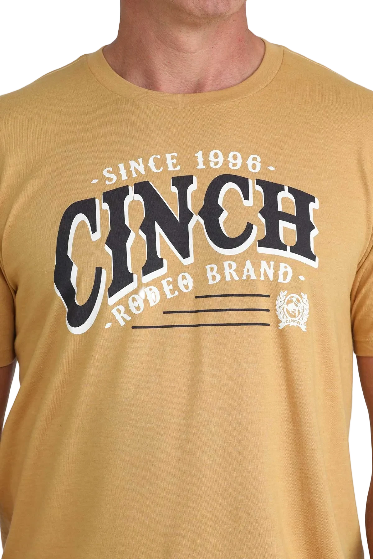 Yellow t-shirt with Cinch Rodeo Brand logo on a white background