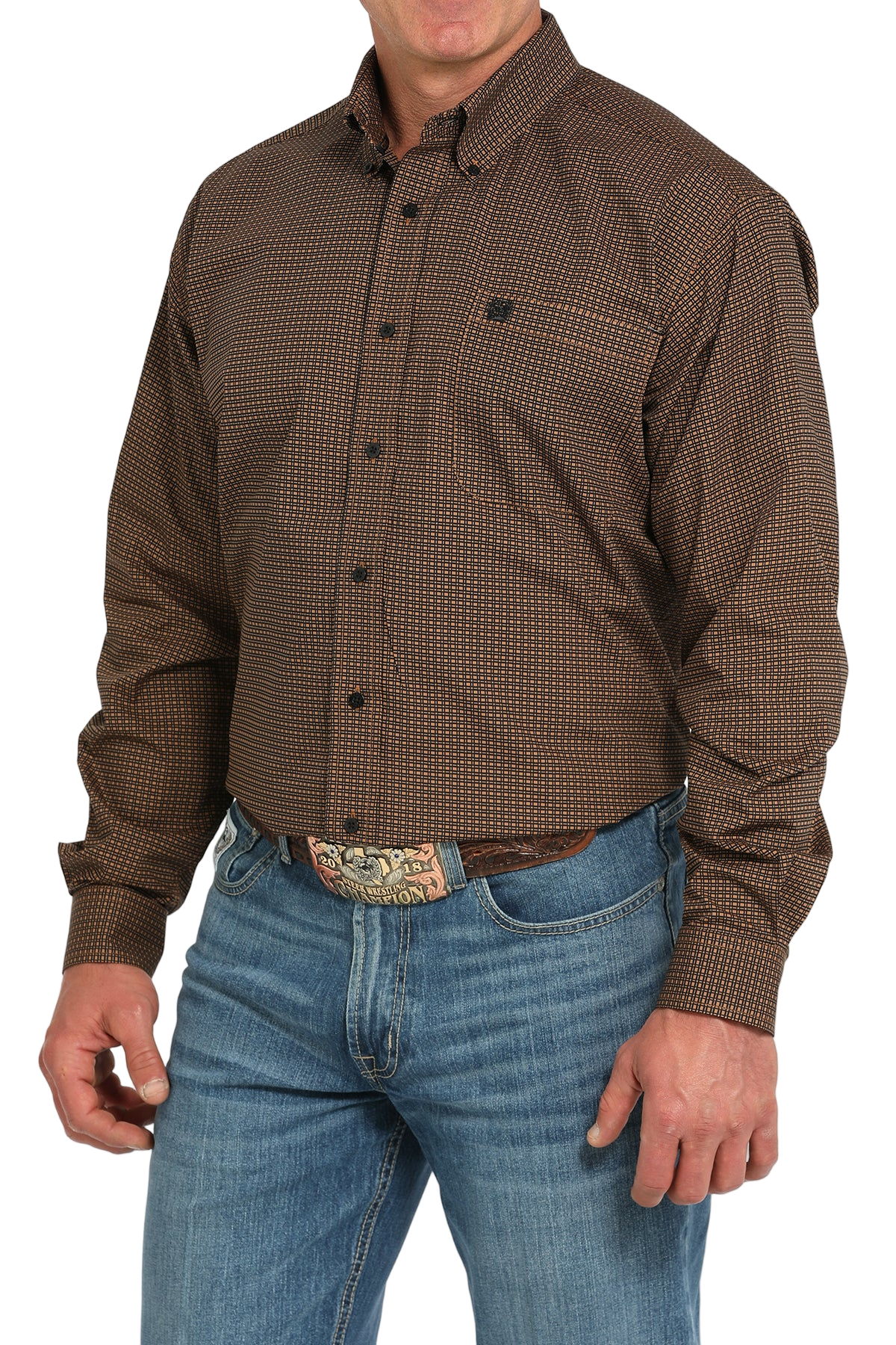 Man wearing a patterned brown long sleeve button-down shirt and jeans on a transparent background
