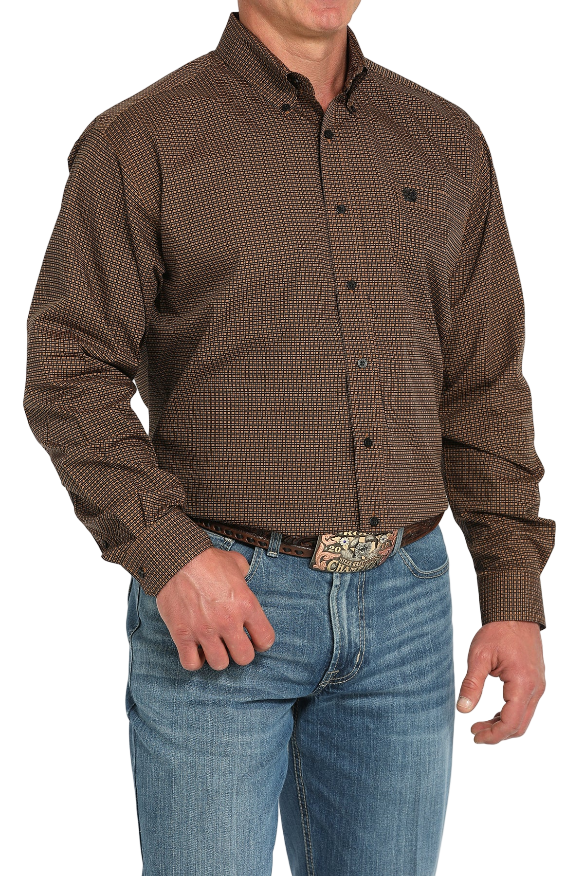 Man wearing a patterned brown long sleeve button-down shirt and jeans on a transparent background