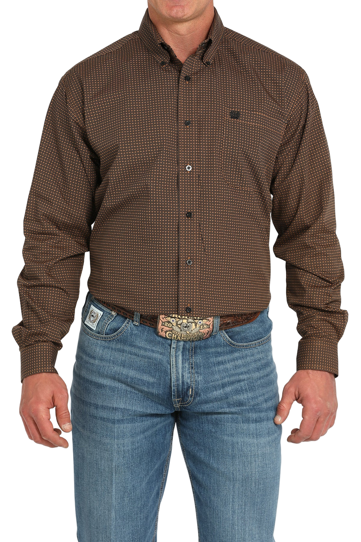 Man wearing a patterned brown long sleeve button-down shirt and jeans on a transparent background