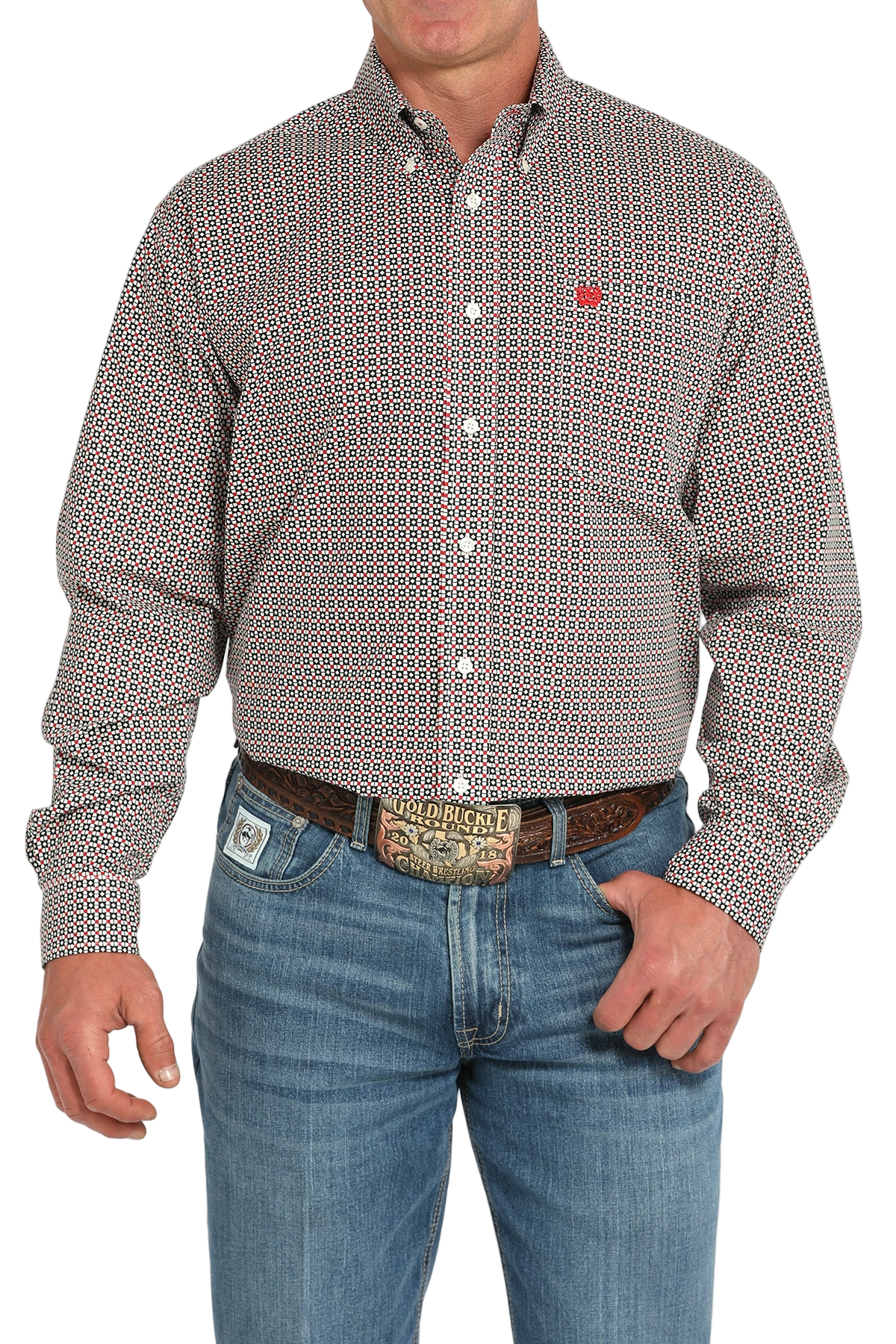 Man wearing a patterned brown long sleeve button-down shirt and jeans on a transparent background