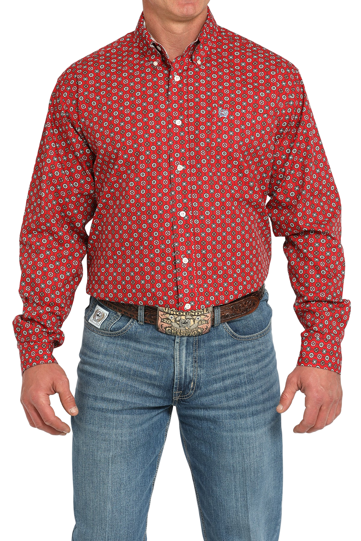 Man wearing a patterned red long sleeve button-down shirt and jeans on a transparent background