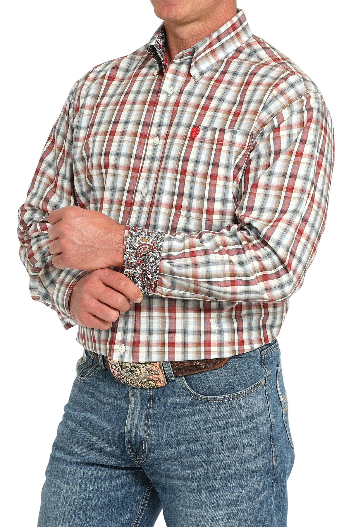 Man wearing a patterned plaid shirt with contrasting cuffs and jeans on a transparent background