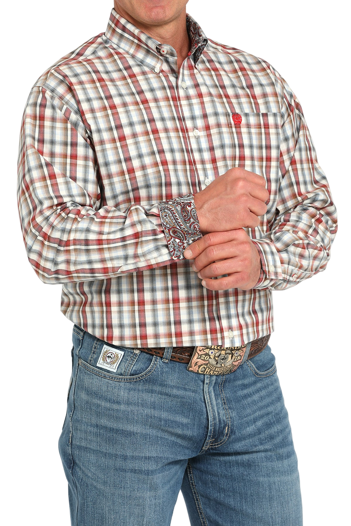 Man wearing a patterned plaid shirt with contrasting cuffs and jeans on a transparent background
