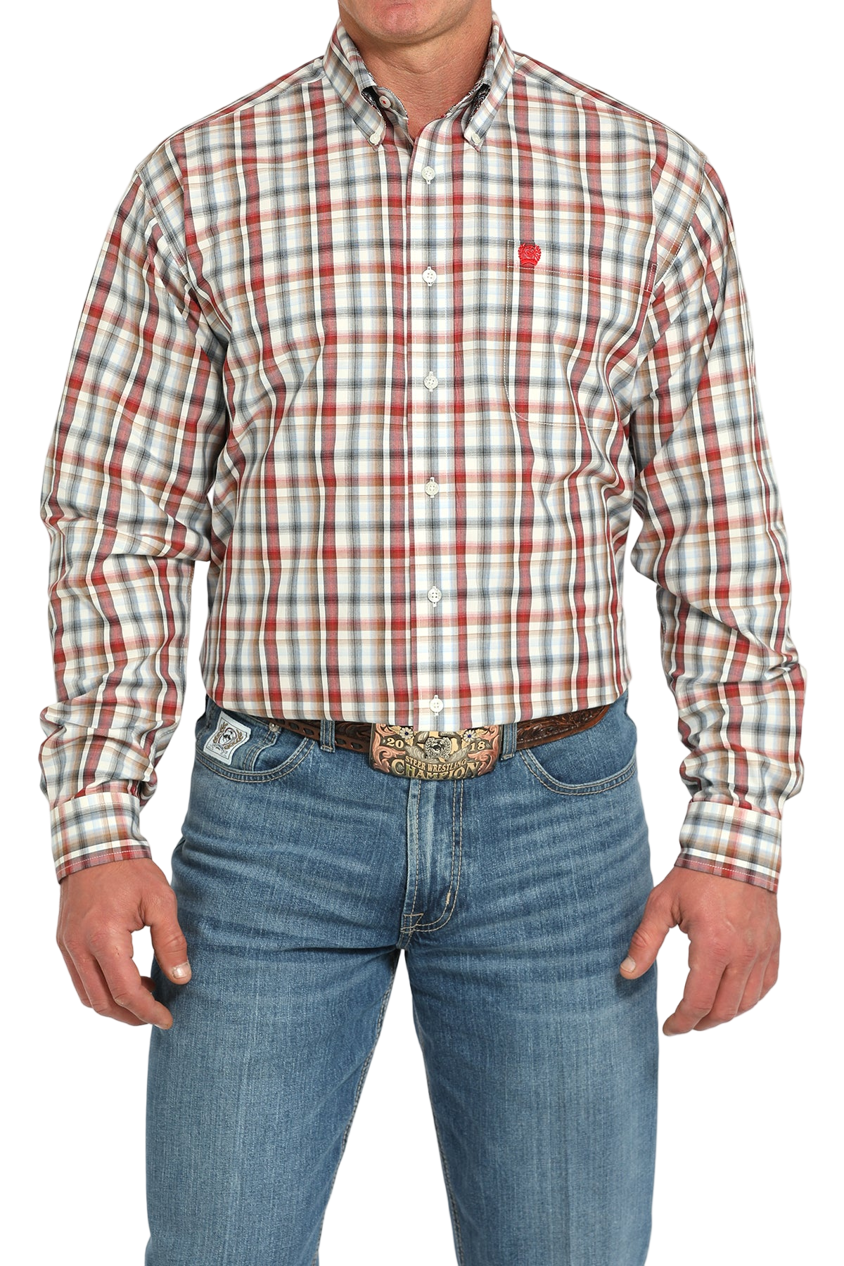 Man wearing a patterned plaid shirt with jeans on a transparent background