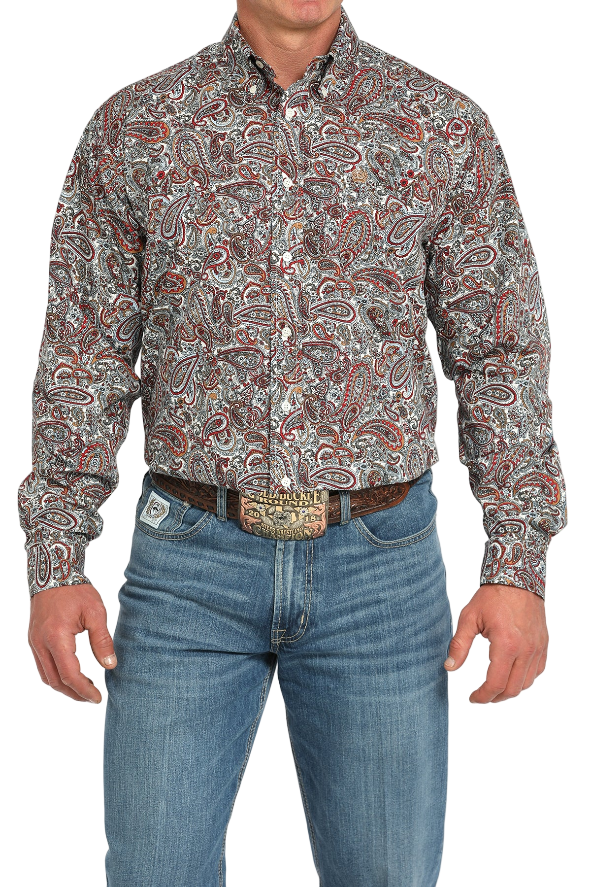 Man wearing a patterned multi-color long sleeve button-down shirt and jeans on a transparent background