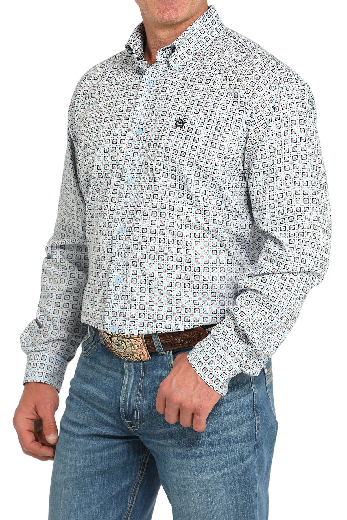 Man wearing a patterned long sleeve button-down shirt and jeans on a transparent background