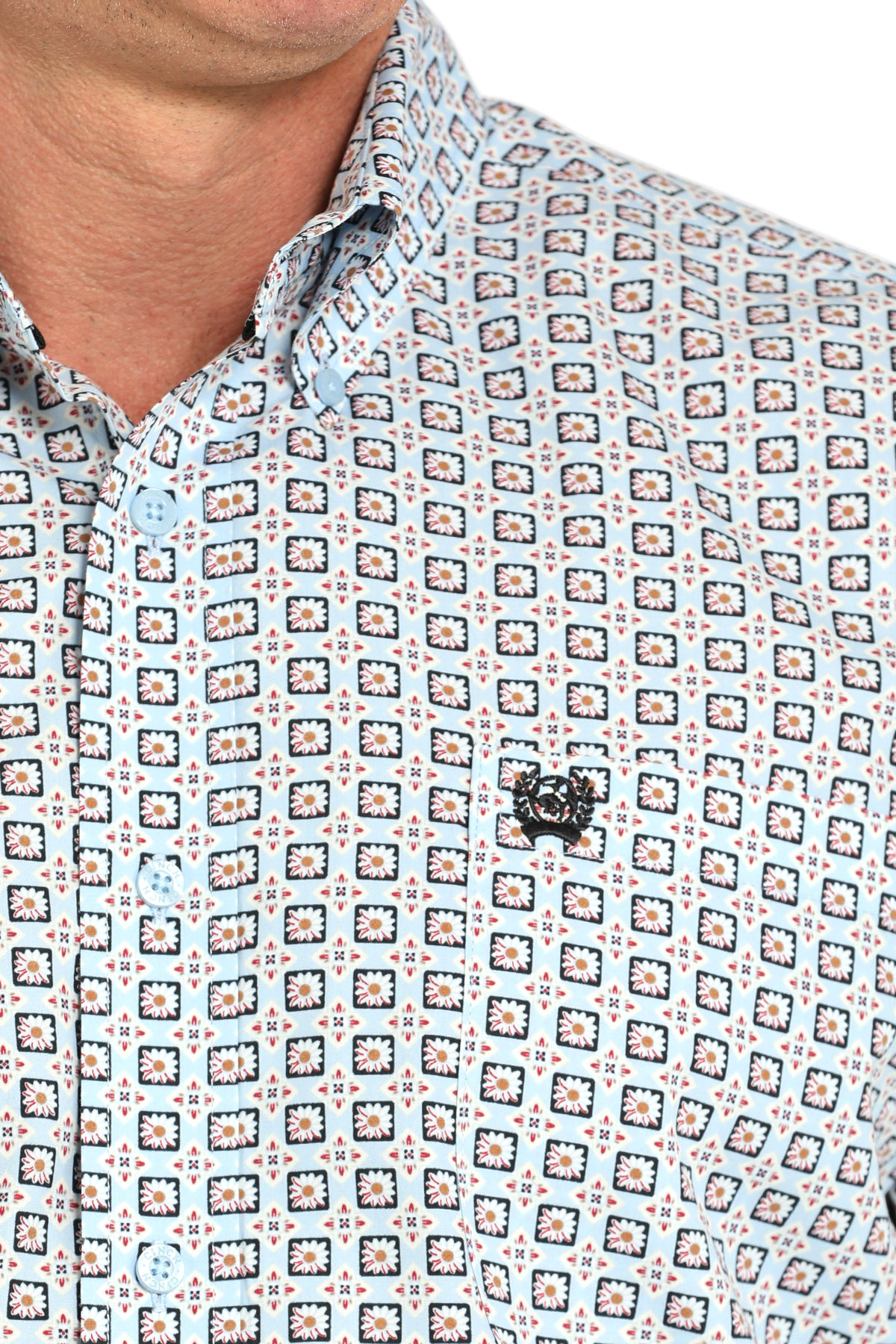 Close-up of a man wearing a patterned long sleeve button-down shirt on a transparent background