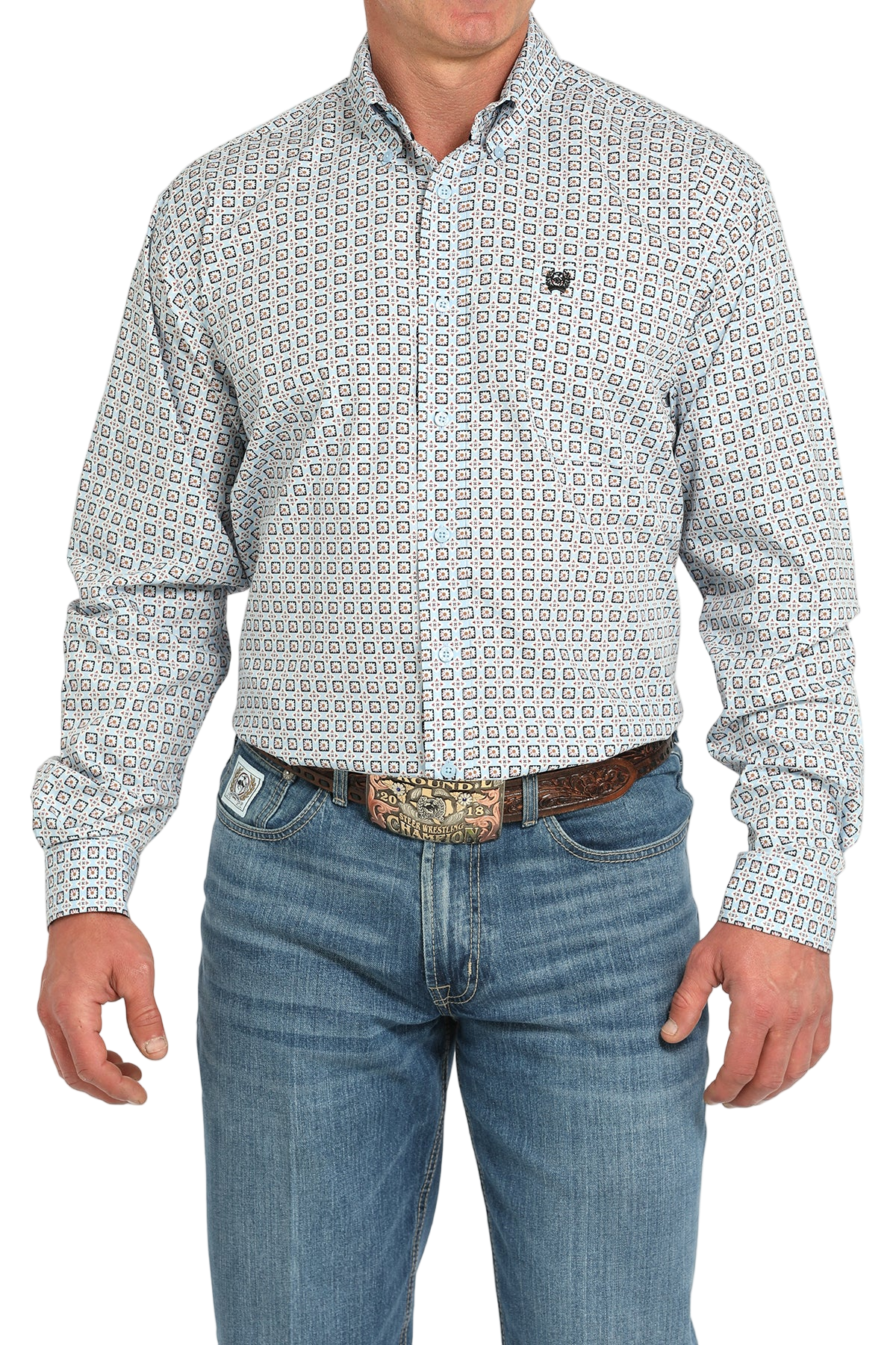Man wearing a patterned long sleeve button-down shirt and jeans on a transparent background