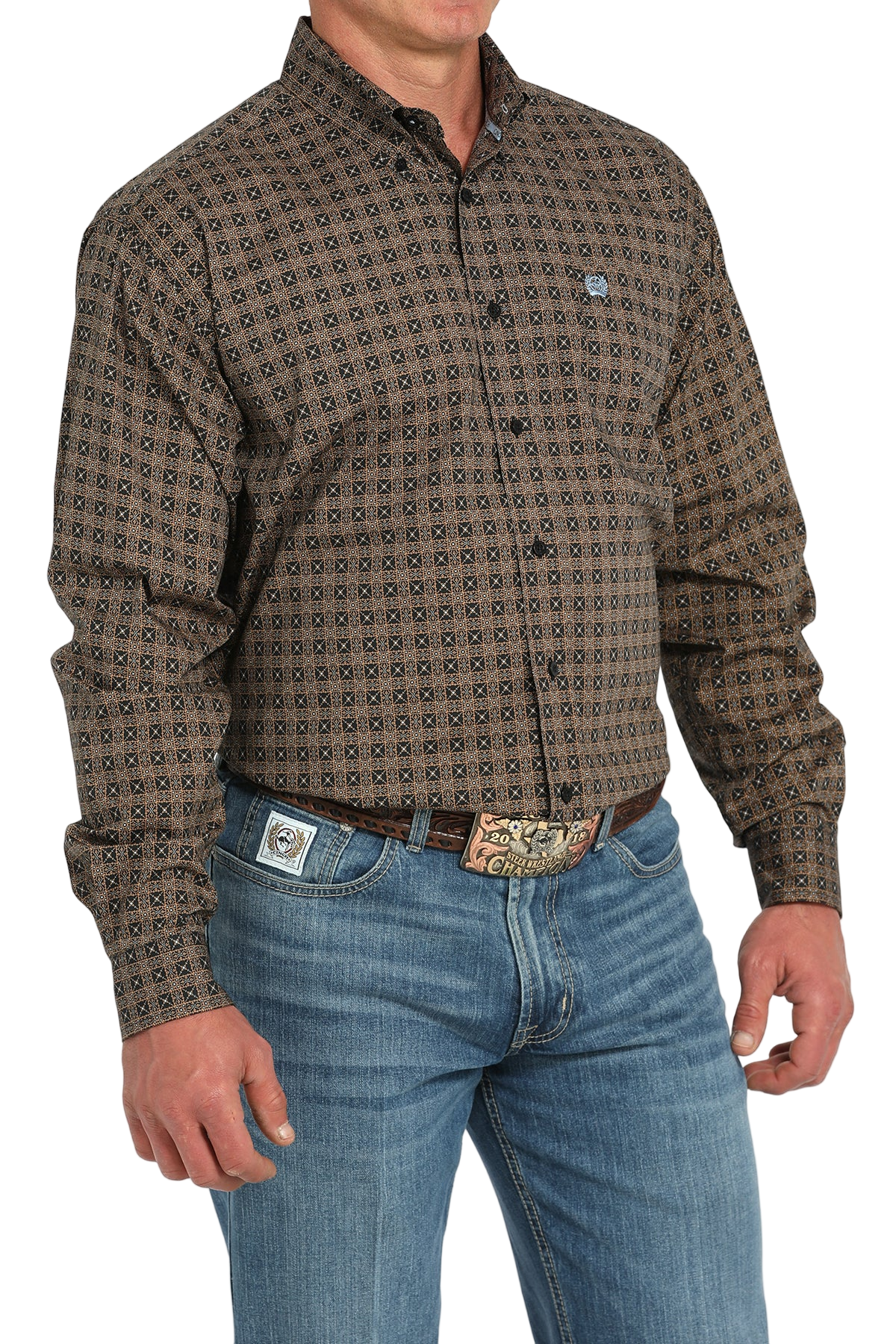 Man wearing a patterned brown long sleeve button-down shirt and jeans on a transparent background