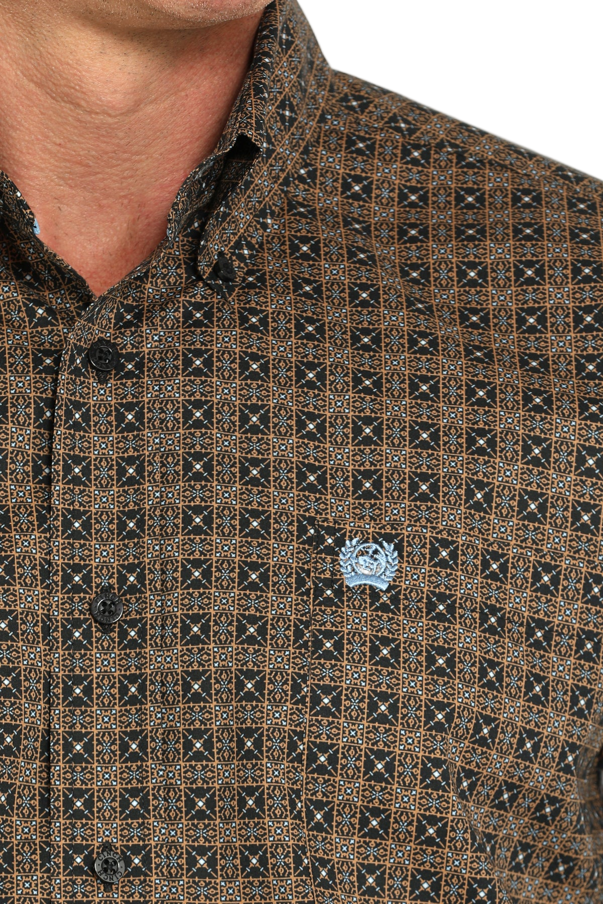 Close-up of a man wearing a patterned brown long sleeve button-down shirt on a transparent background