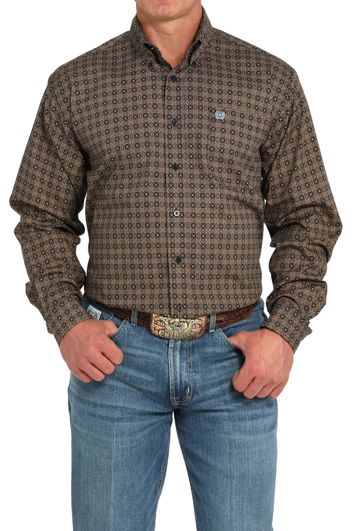 Man wearing a patterned brown long sleeve button-down shirt and jeans on a transparent background