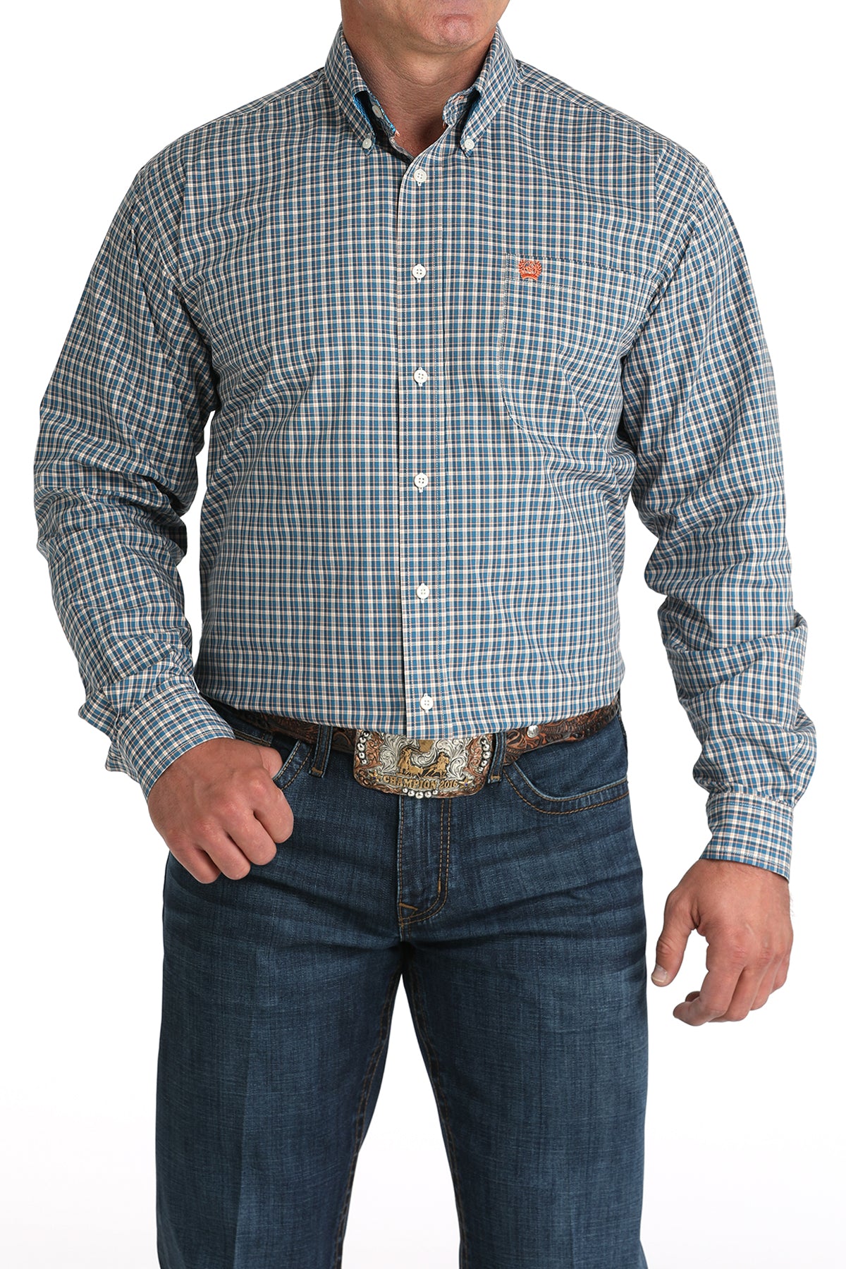 Man wearing a plaid shirt and jeans on a white background