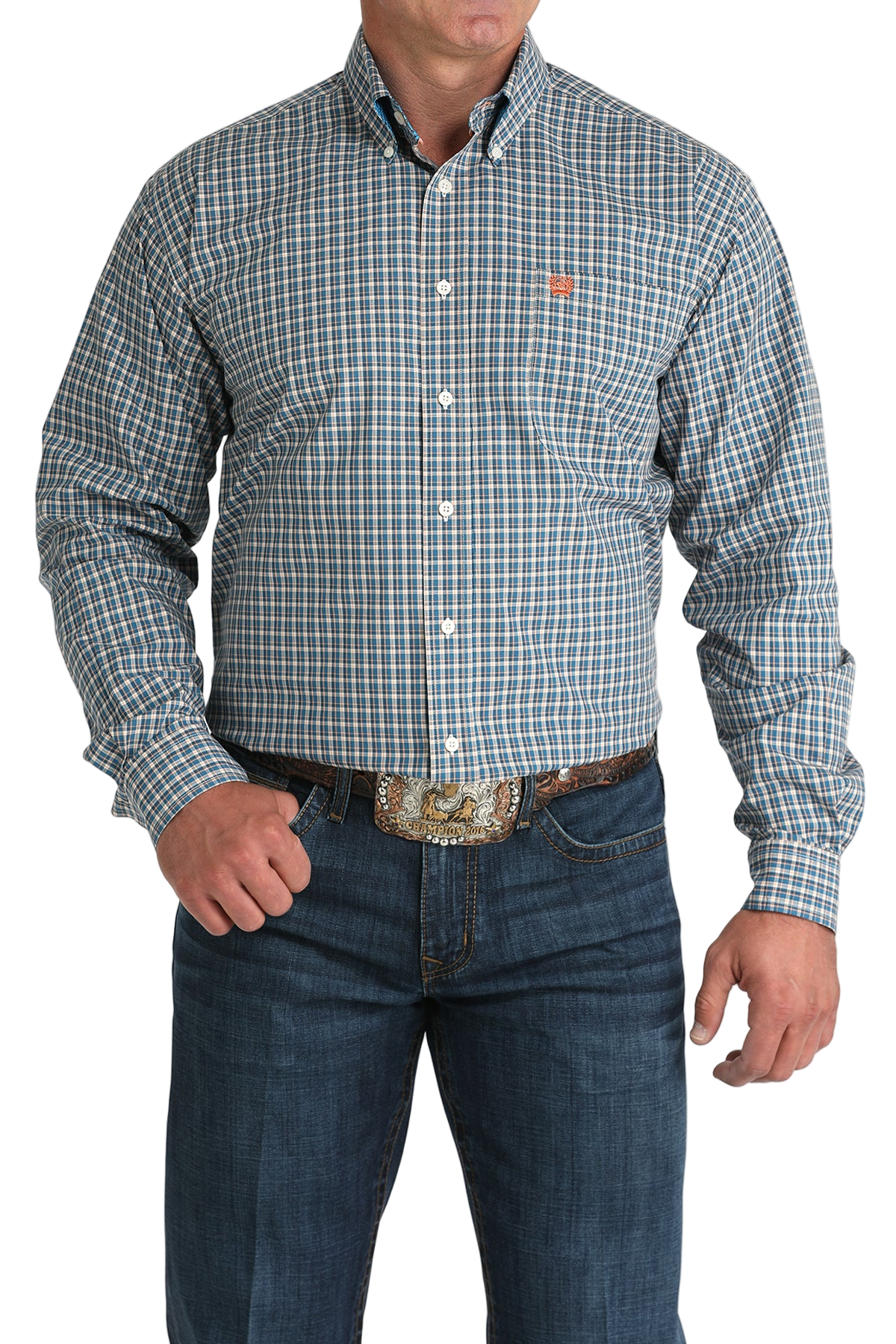 Man wearing a patterned blue long sleeve button-down shirt and jeans on a transparent background