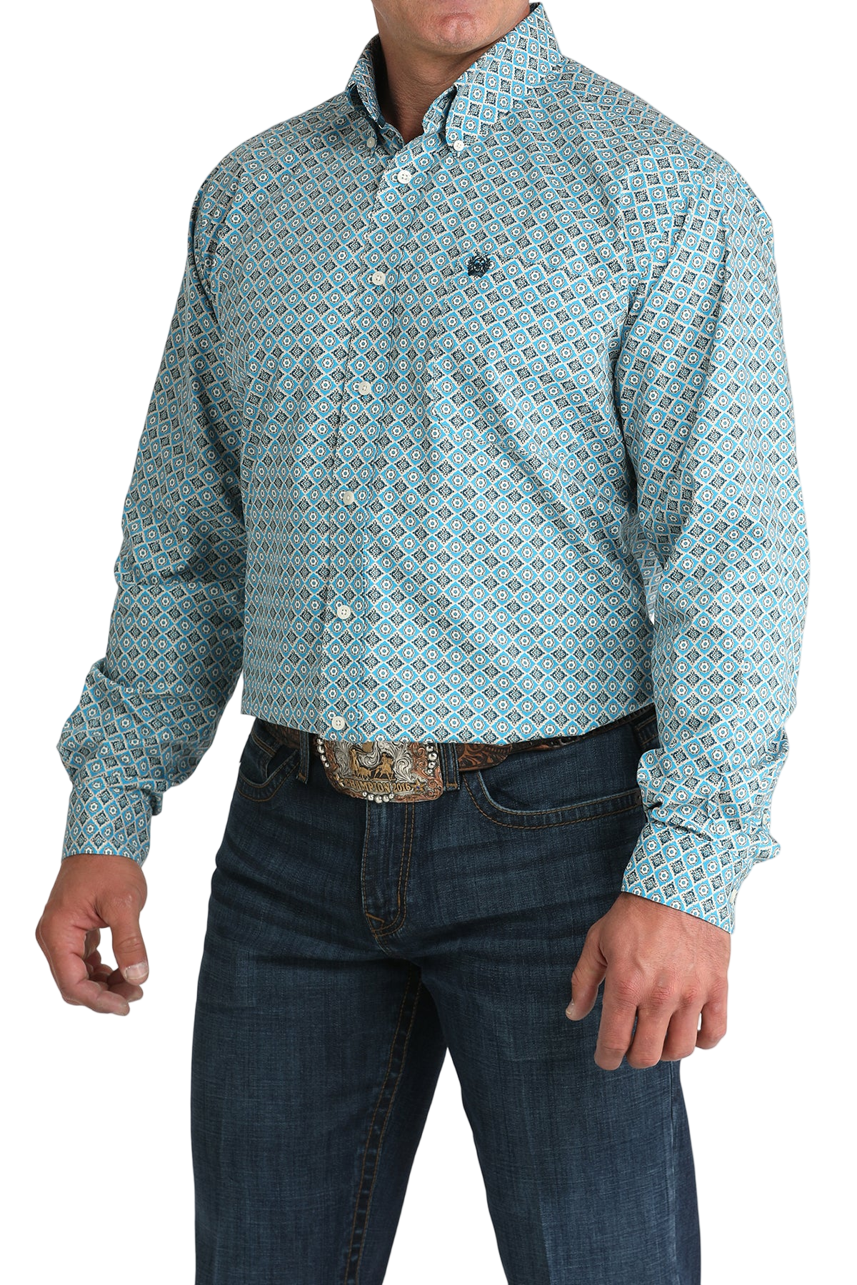 Man wearing a patterned blue long sleeve button-down shirt and jeans on a transparent background