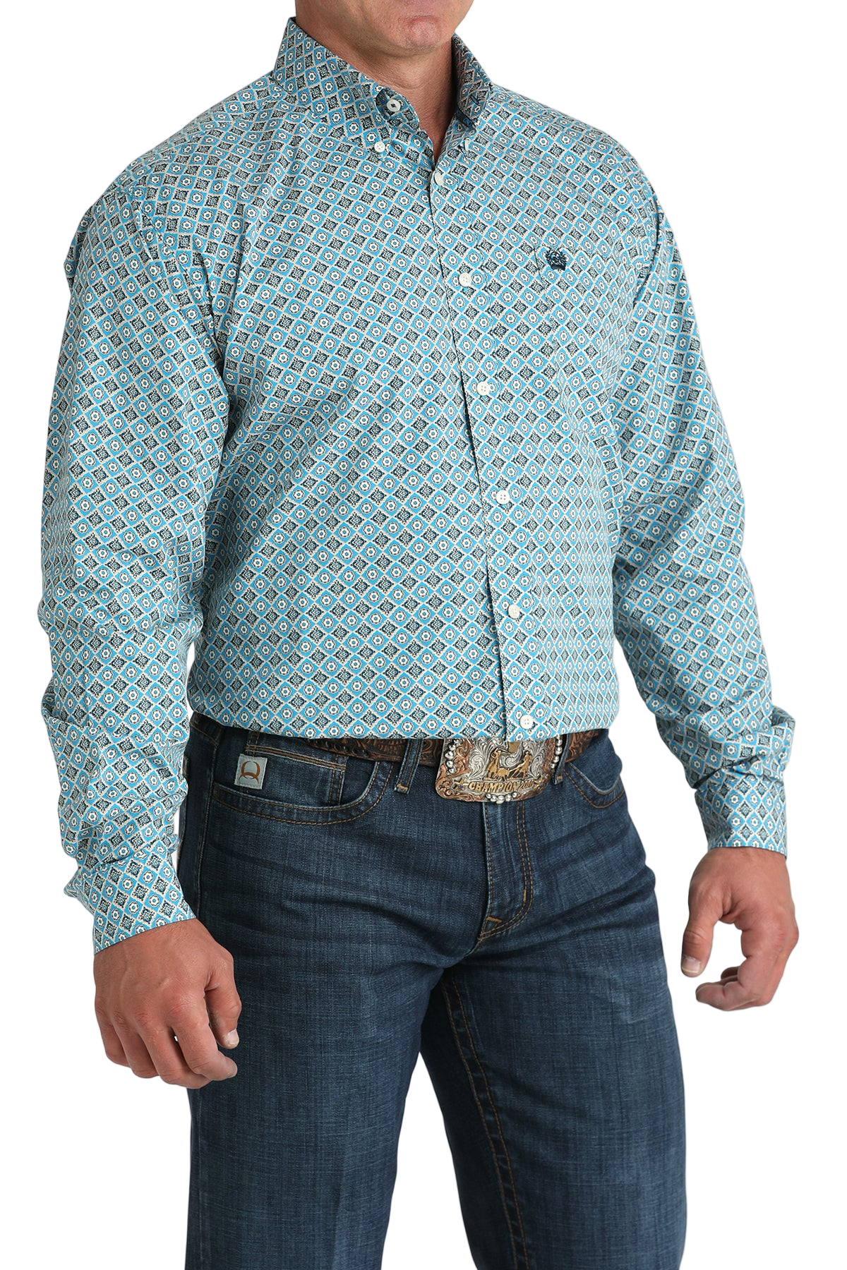 Man wearing a patterned blue long sleeve button-down shirt and jeans on a transparent background