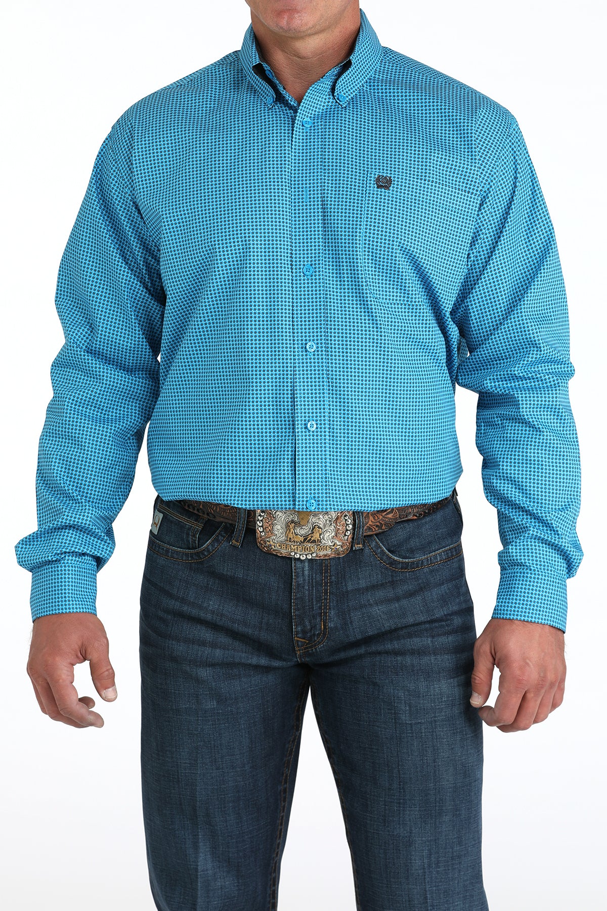 Man wearing a blue checkered shirt and jeans on a white background