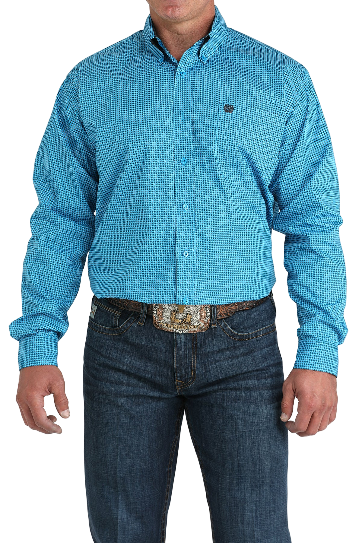 Man wearing a patterned blue long sleeve button-down shirt and jeans on a transparent background