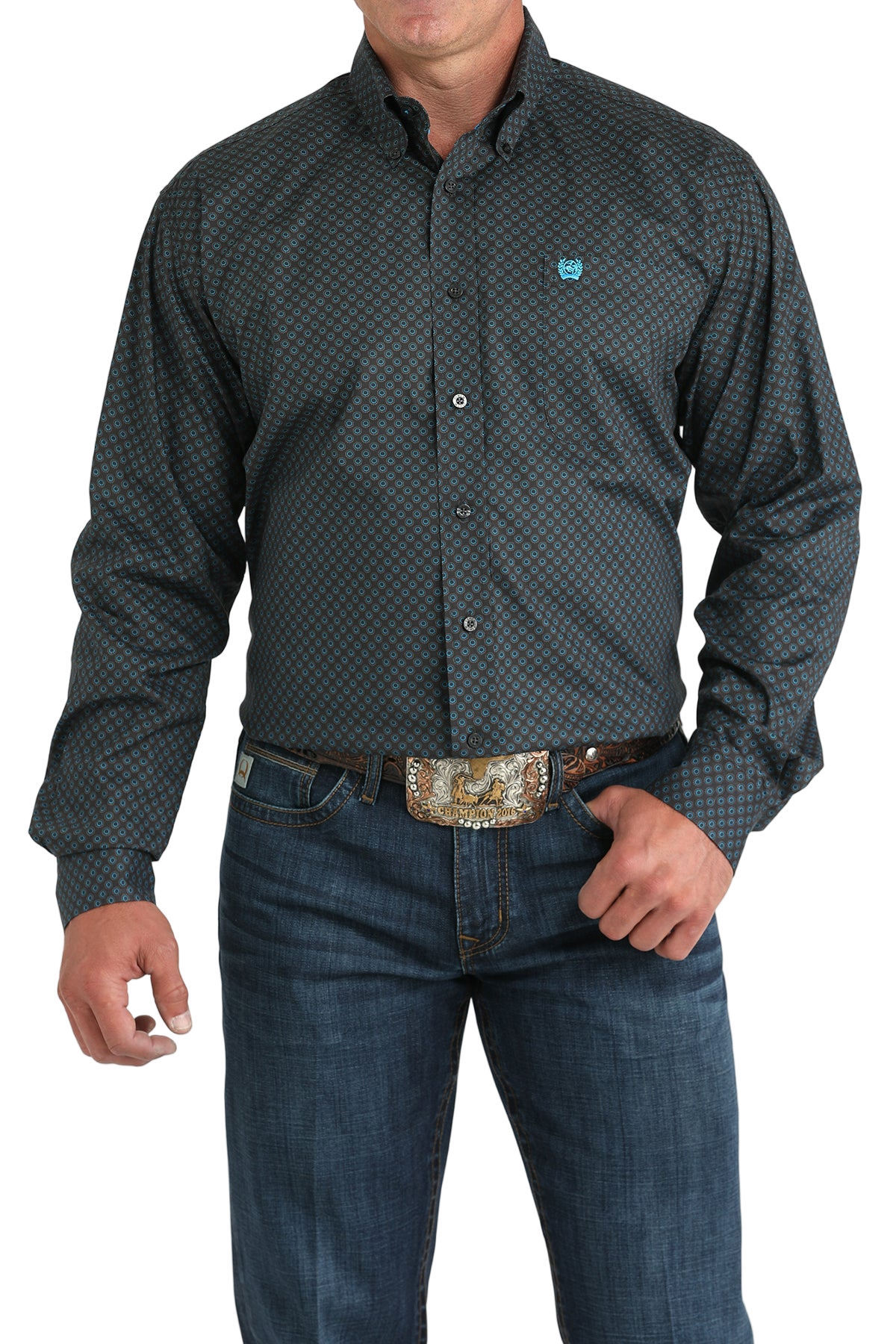 Man wearing a patterned black long sleeve button-down shirt and jeans on a transparent background
